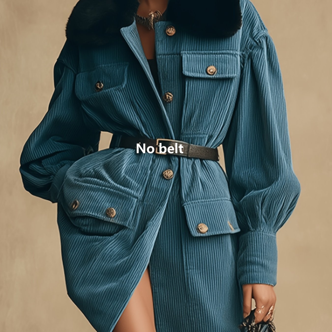 Image of Fashionable Women's Coat - New Solid Color Single-breasted Multi-button And Multi-strap Design Mid-length Coat (belt Not Included) Effortlessly A Retro And Light Luxury Atmosphere