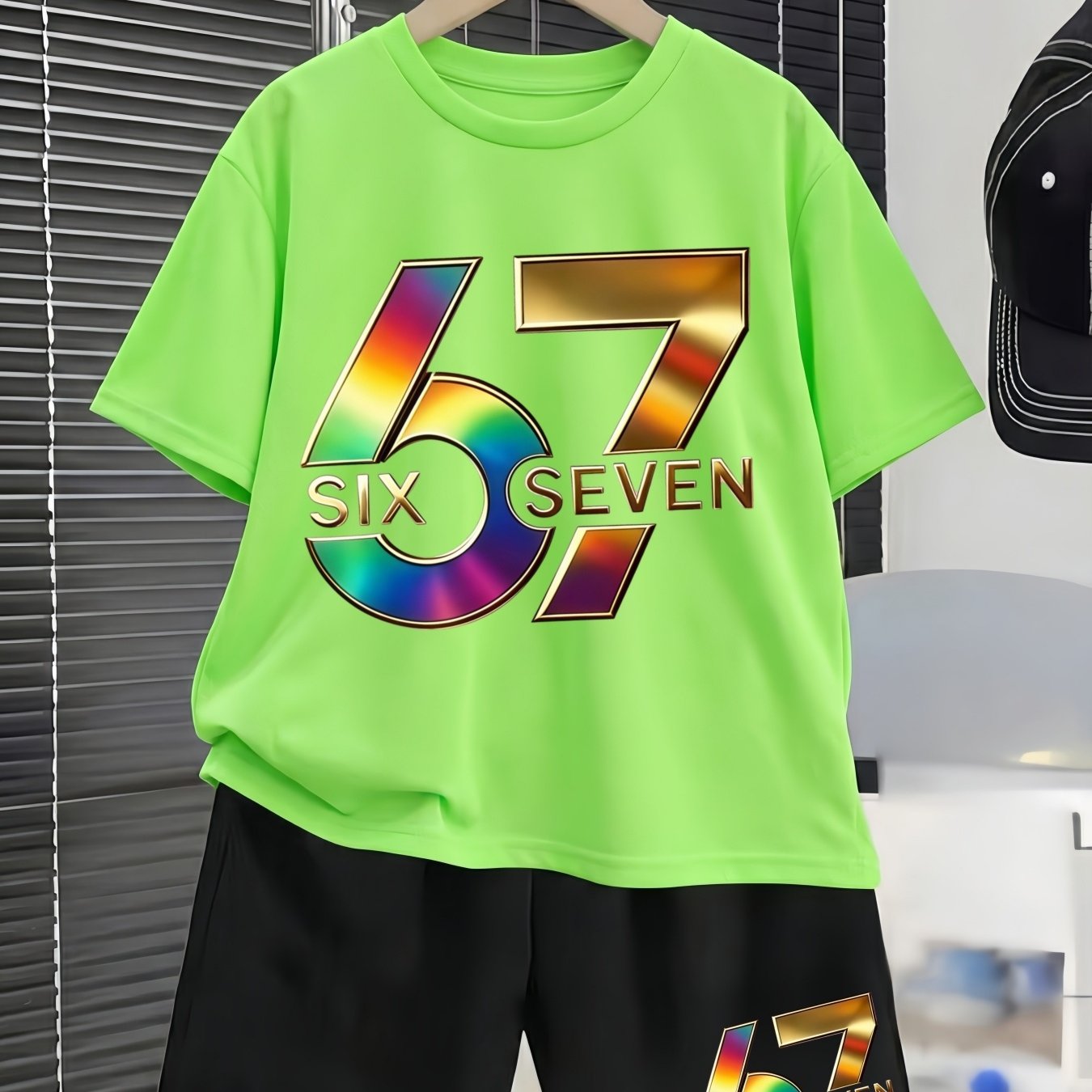 2pcs 67 Rainbow Laser Print/new Short Sleeve Short Shorts Set/trendy Y2k Style/ Print Design/durable Kids' Wear/ Casual Clothing/ For Children/suitable For Boys And Girls Aged 3 And Up, For Outdoor