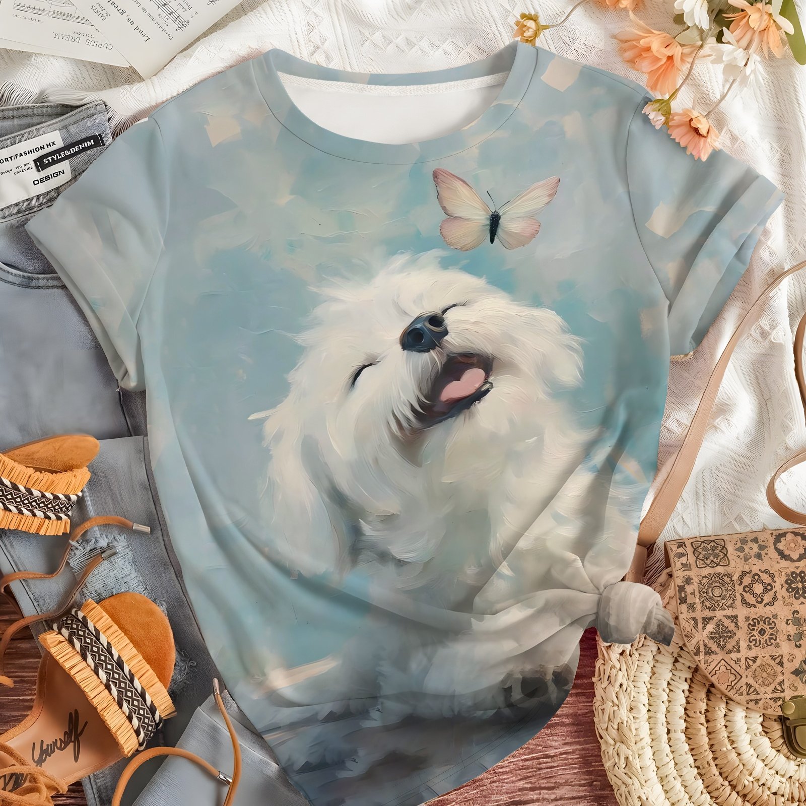 TEMU Oil Painting Dog And Print Women's Short-sleeved T-shirt, Women's Casual Short-sleeved Top, New Year's Gift, Machine Washable Holiday Party Top,