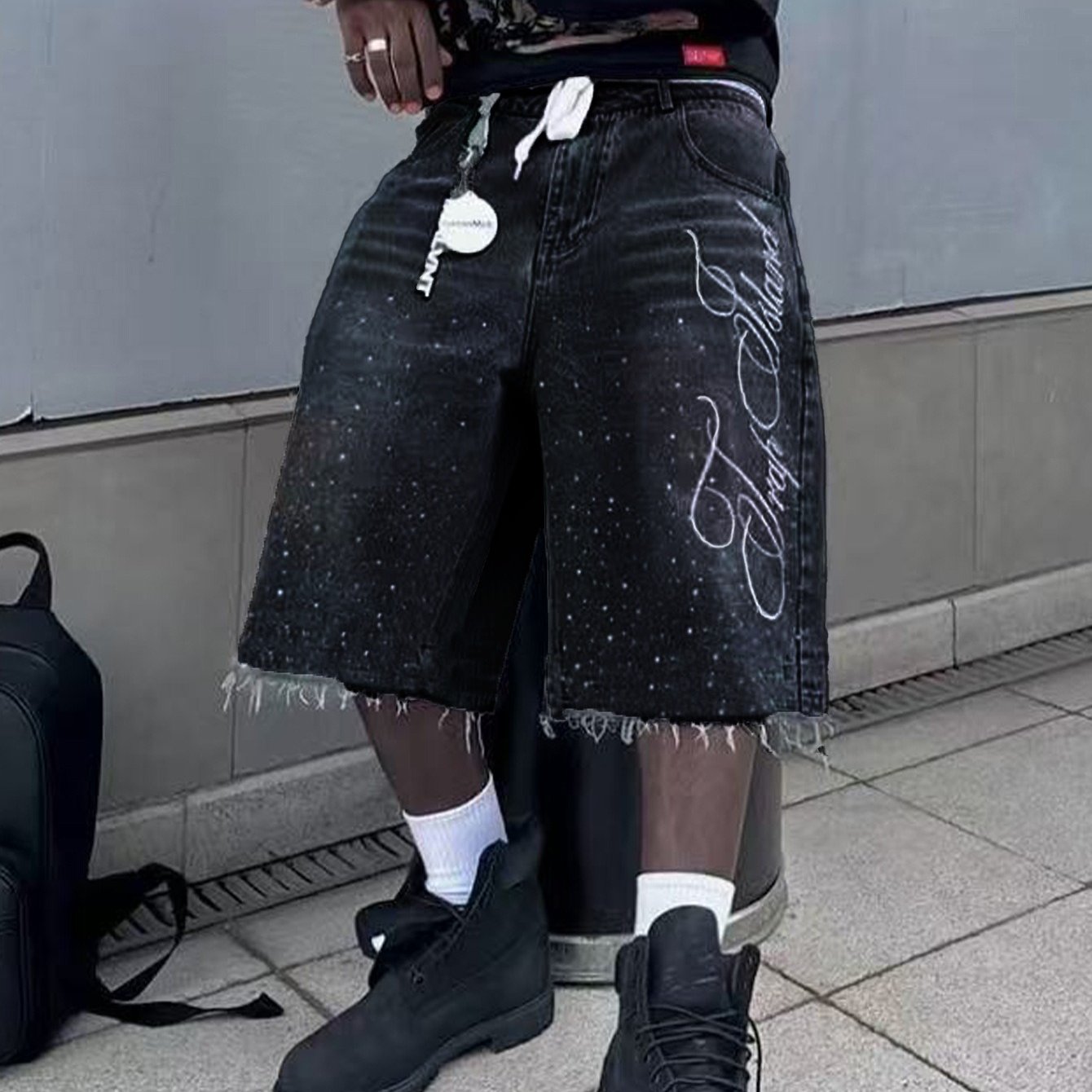 TEMU Retro Washed Denim Shorts For Men, Straight-leg Wide-leg Distressed Loose, Casual And Versatile Capri Pants