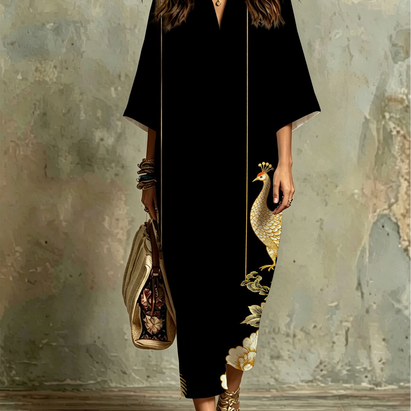 Image of Plus Size, Fashion Casual Kaftan Dress With And Peony Print, Black Background, Comfortable, Breathable, Loose Fit, Elegant, For Beach Vacations, Summer Parties, Evening Gatherings