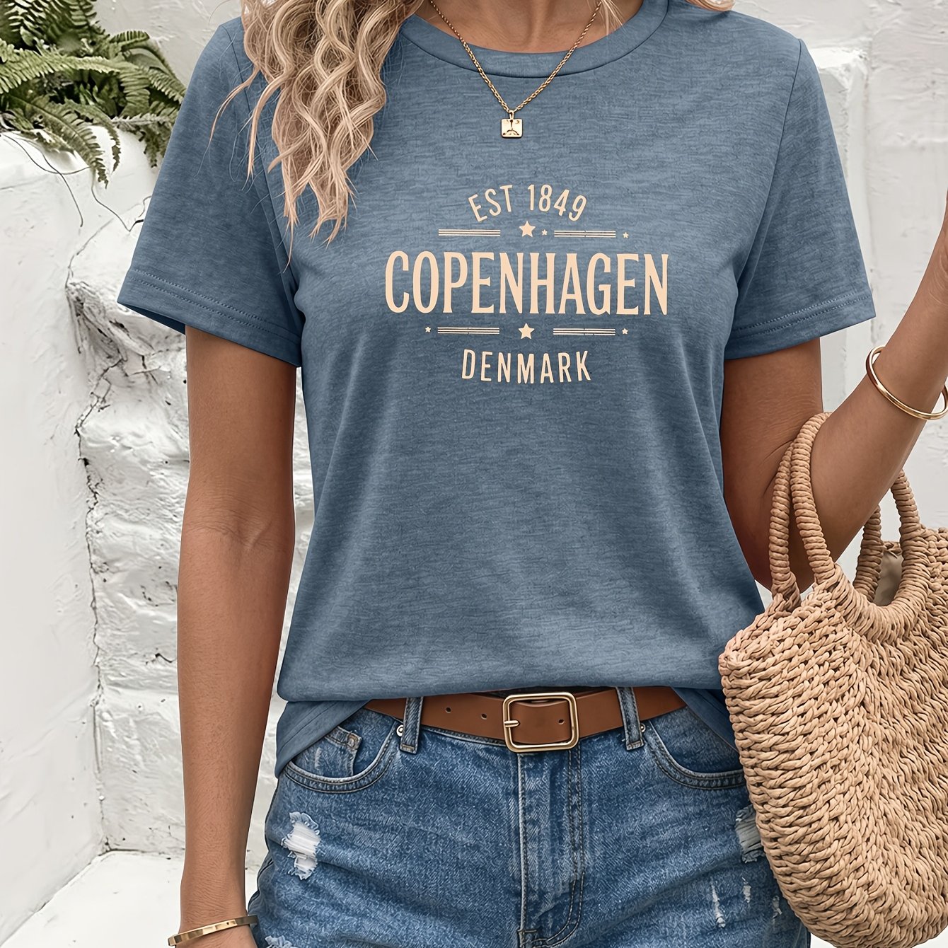 TEMU Copenhagen Letter Print T-shirt - Vintage Crew Neck Short Sleeve Blouse-compatible Suitable For Spring Summer Fall, Casual Stretch Top With