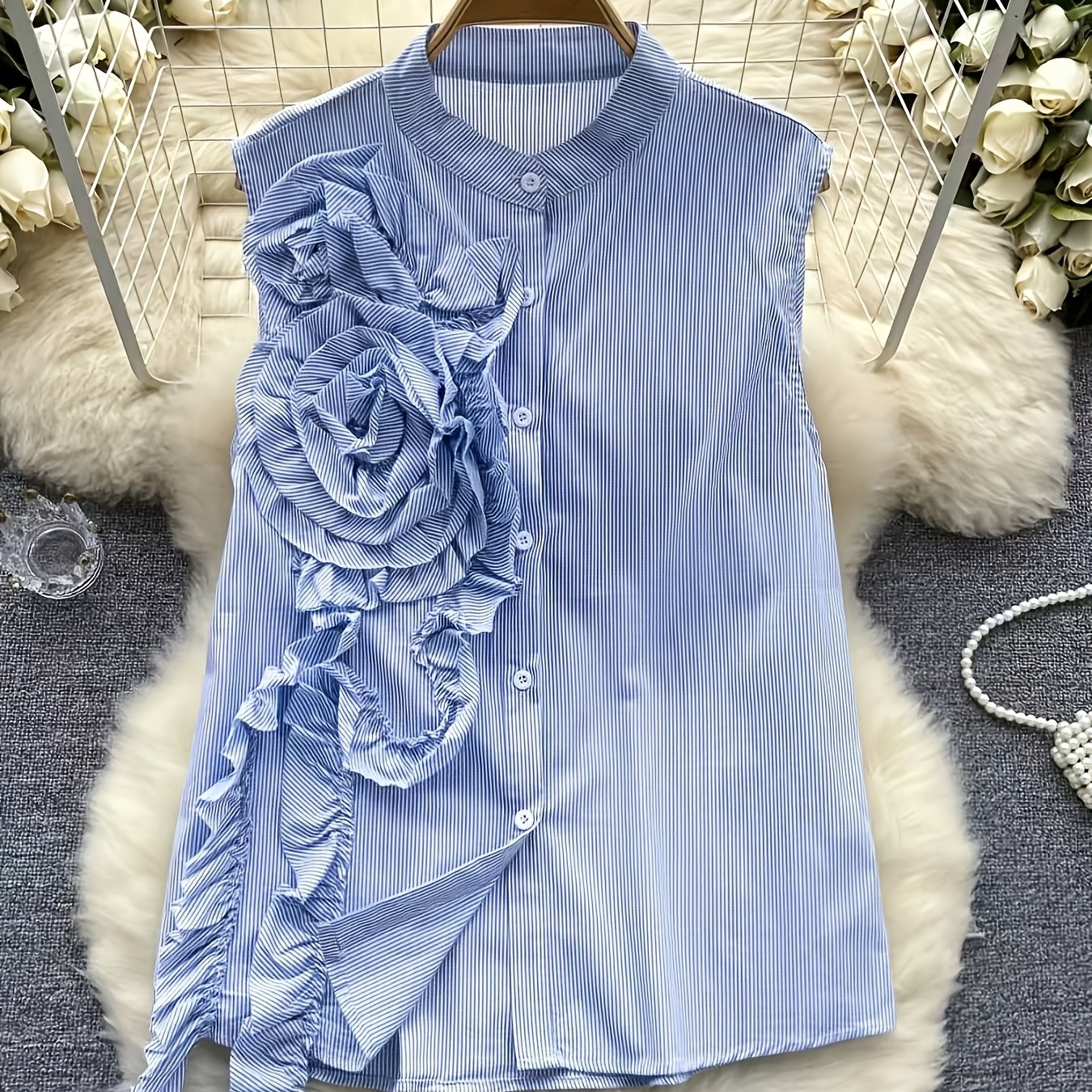 TEMU French Sleeveless Shirt Women's Spring Summer Design Sense 3d Floral Ribbon Single-button Versatile Chic Age-reducing Top Trendy 7185 Wilderness