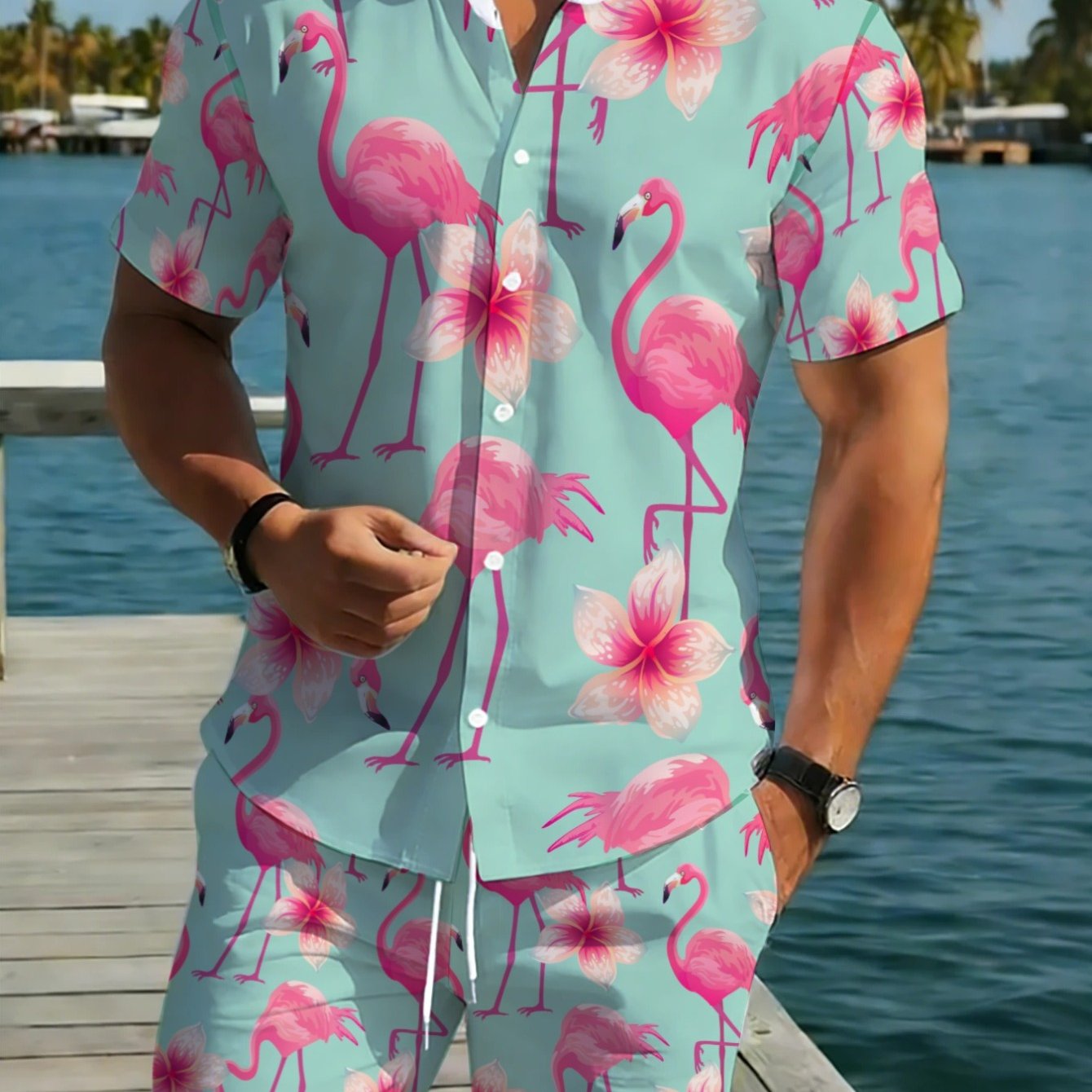 TEMU 2[printed Design Not Textured]lightweight Flamingo Print Short Sleeve Shirt And Shorts Set For B, Poolside, Or Tropical Vibrant Pink And , ,