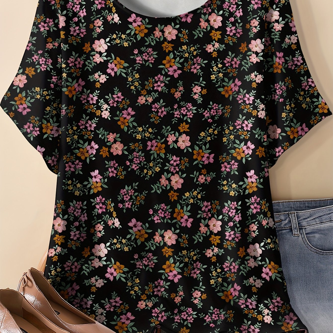 TEMU Plus Size, Plus Size Women's Clothing- With Pink And Orange Vintage Floral Print T-shirt For Women, 3d Pastoral Style Print, Loose Fit, Round