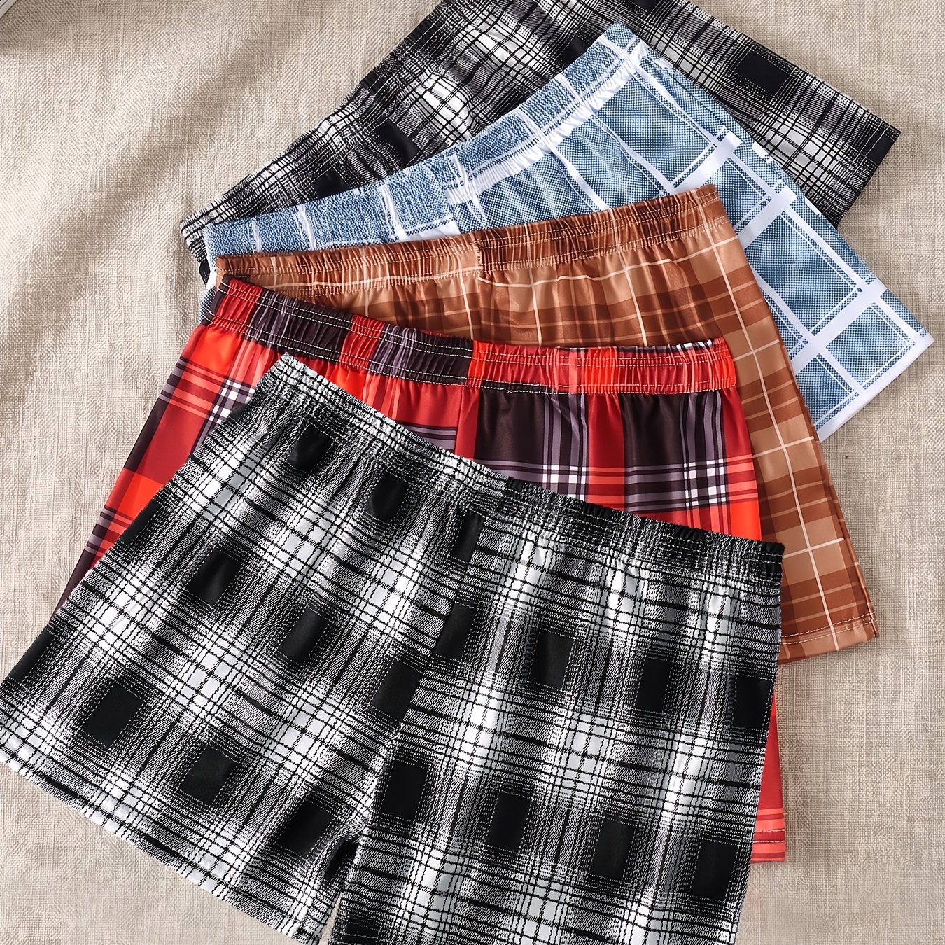 TEMU 5pcs Random Plaid Long Boxer Briefs Set Men's Lounge Shorts And Beach Shorts, Soft And Comfy, Great For And Outdoor Wear