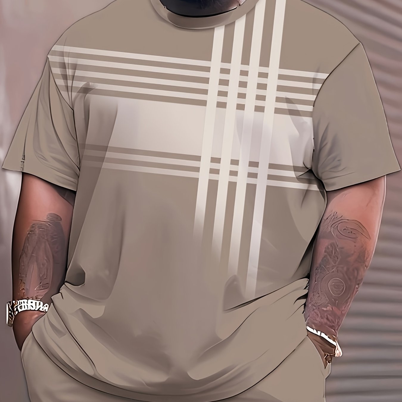 TEMU T-shirt de sport décontracté grande taille pour homme, style rayé tendance, col rond, tissu tricoté, légèrement extensible, grande taille,