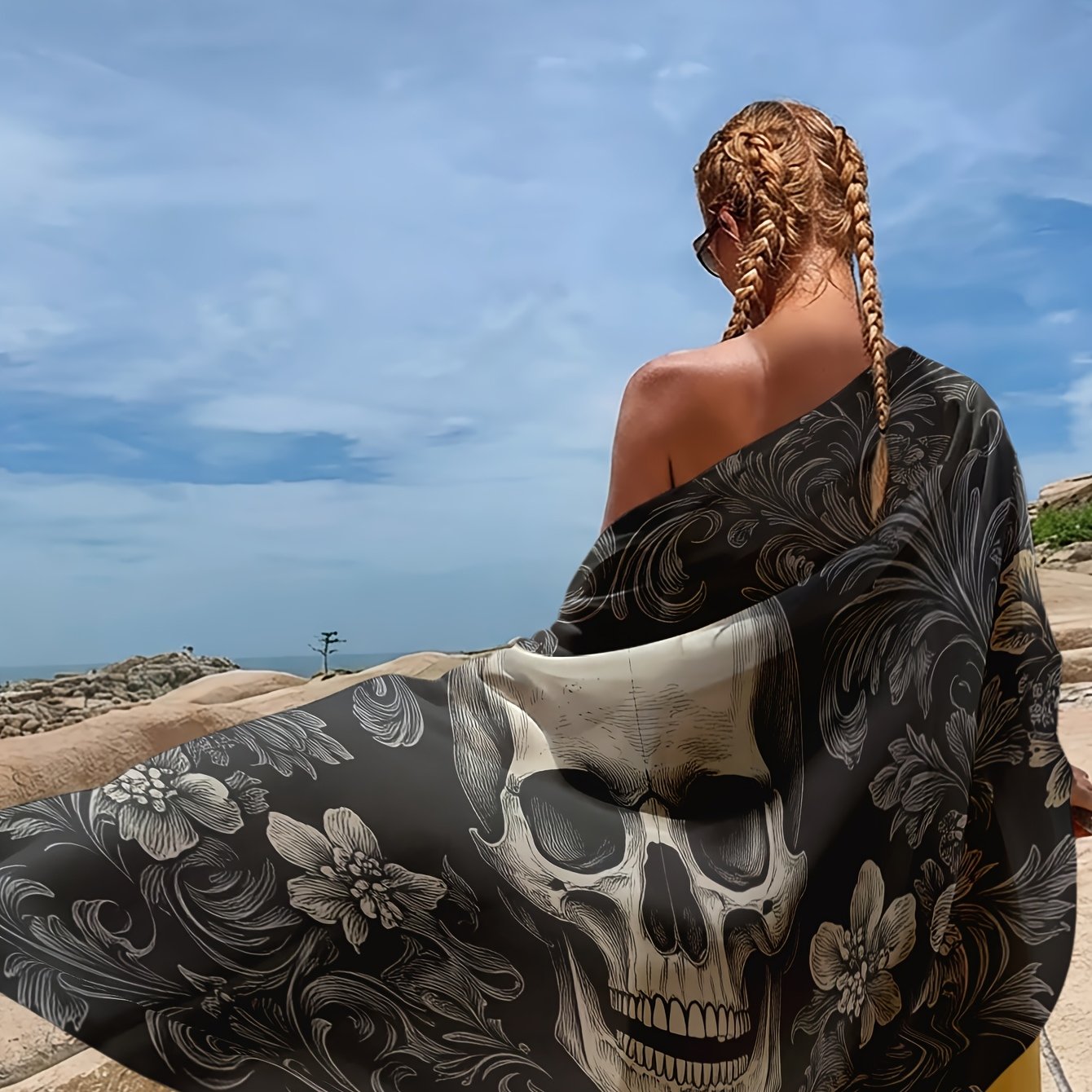 TEMU 1pc, Plus Size Cover-up, Vintage Scroll Floral Skull Pattern 2d Print, Wearing Experience, Cardigan/shawl/dress | Matching Bikini/daily