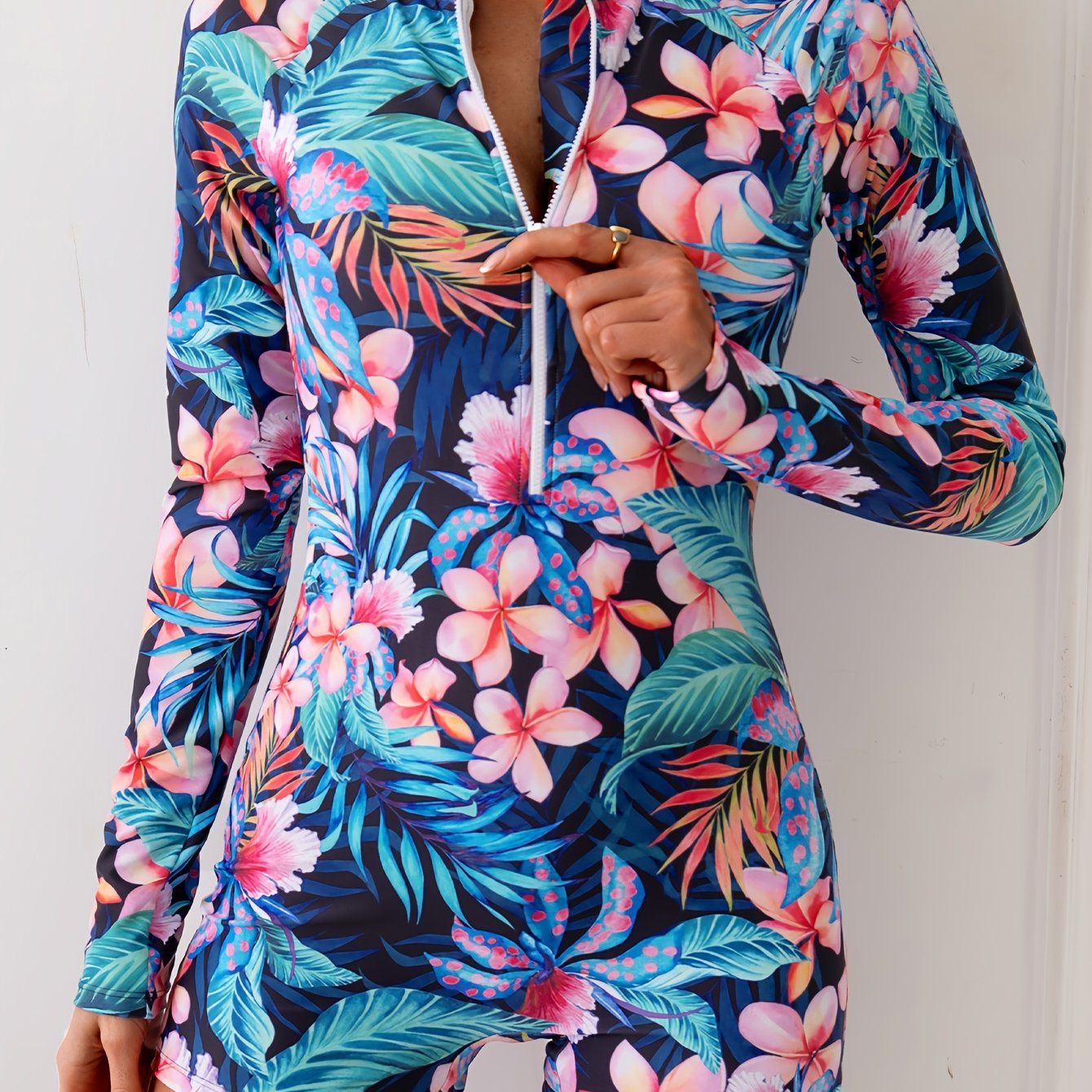 1pc   womens tropical   piece swimsuit polyester knit fabric with medium stretch modest crew neck with removable pads and zipper detail