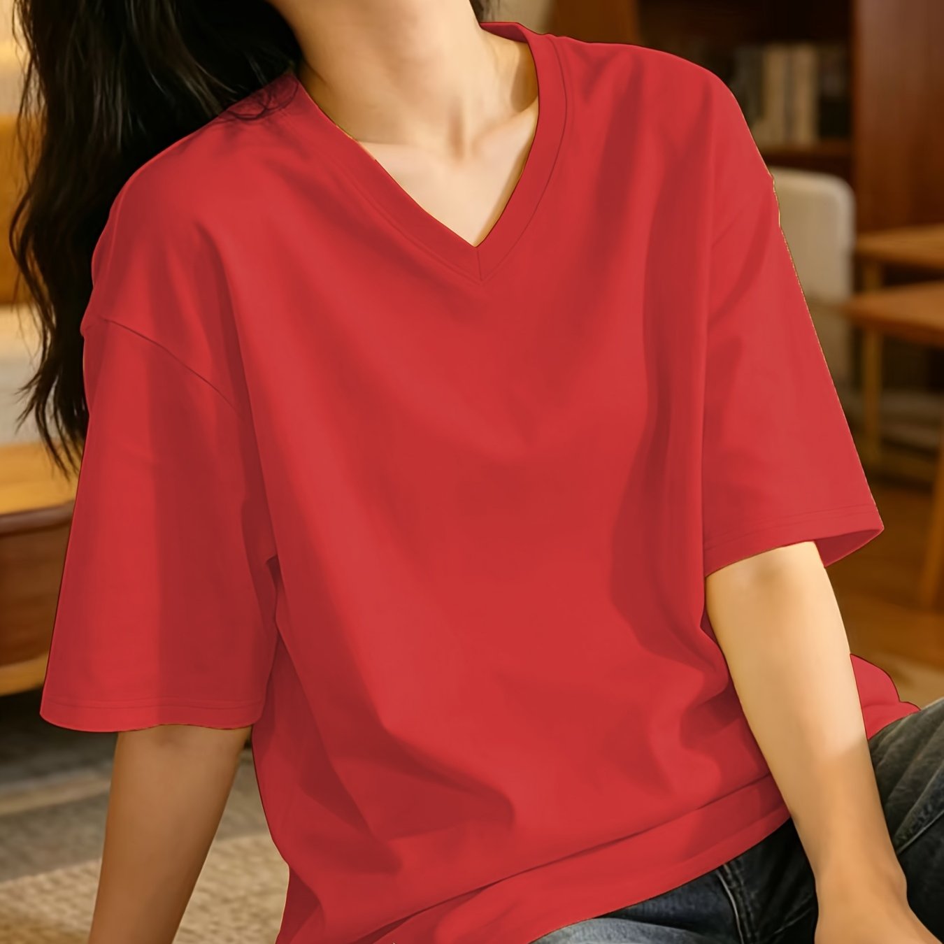 TEMU 여성용 여유로운 핏의 답답하지 않는 브이넥 반팔 티셔츠, 집에서 쉬기에 적합. 프린트 디자인 – 질감이 없음. 피부에 친화적이고 통기성 좋은 원단. 편안한 여름 라운지웨어