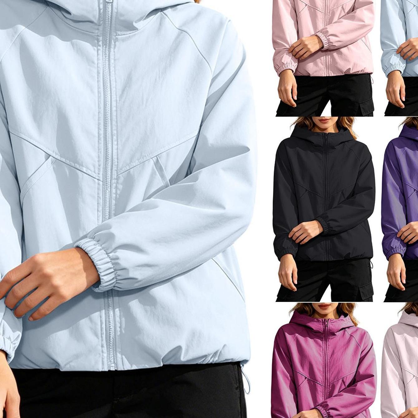 Image of Women's Fashion Lightweight Solid Windproof Jacket, Style Casual Loose Hooded Versatile Long-sleeve Outerwear, Suitable For Outdoor Vacation