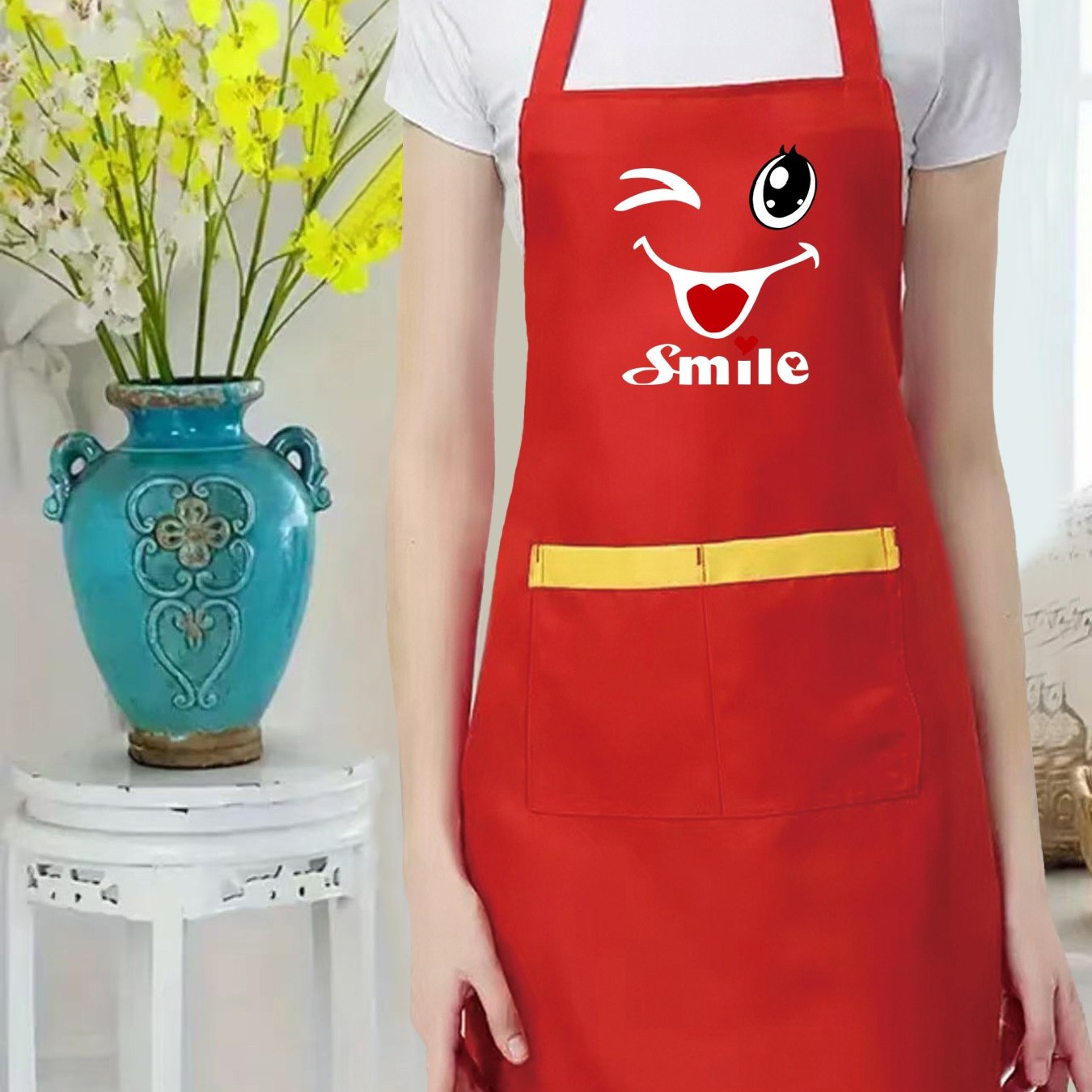 TEMU European And American Cartoon Block Pocket Adjustable Neck Women's Practical Work Apron
