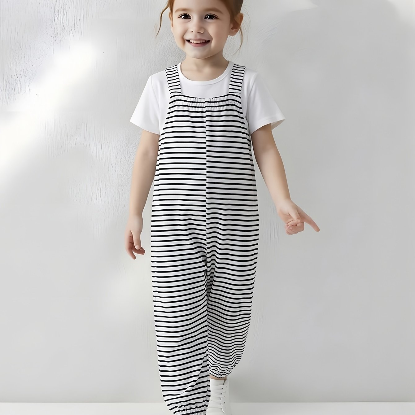 Summer Girls' Overalls Bib Overalls - Striped Casual Joggers, Loose Elastic Comfortable, Athletic Versatile Style, Suitable For Outdoor Activities