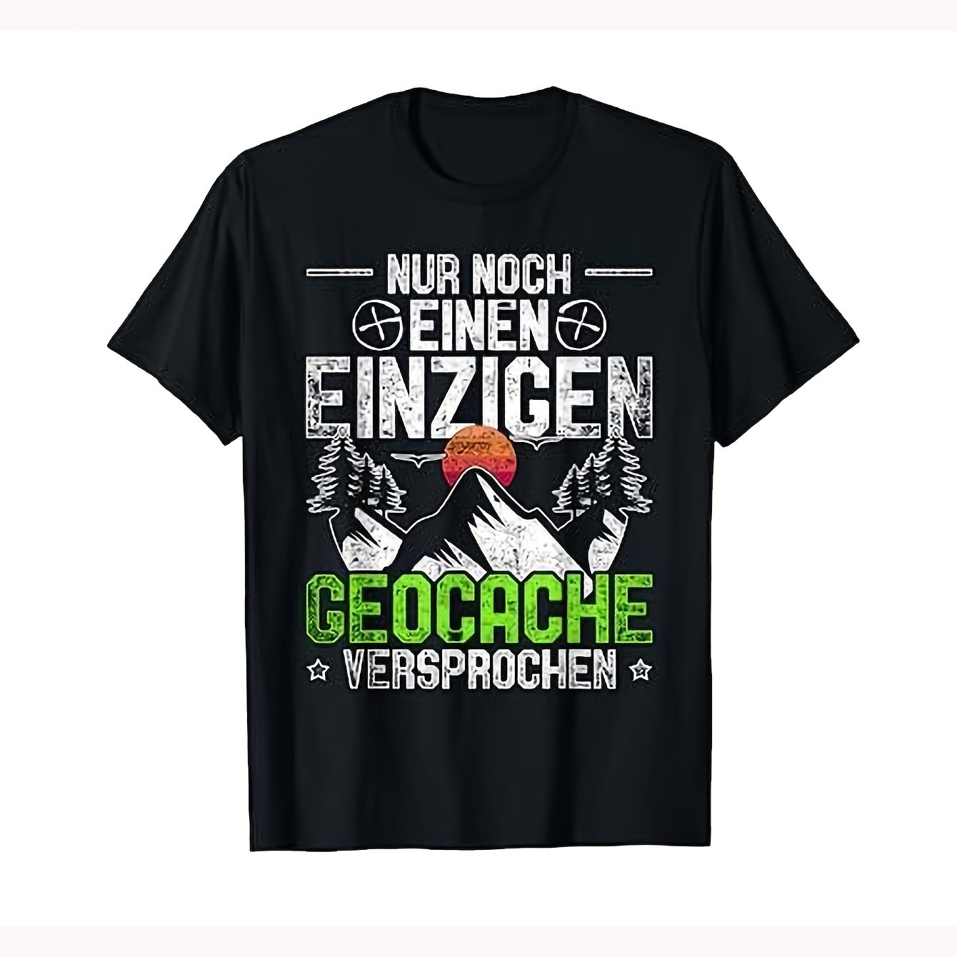 Image of Men's Short Sleeve Black German Mountain Sunset Tree Vintage Letter Outdoor Hobby Crew Neck T-shirt