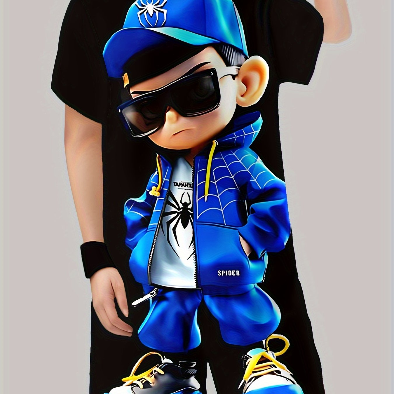 Image of 2025 New Cool Boy Hat With 3d Blue Print Glasses And Spider Element, Perfect For Spring-summer Season, Stylish Casual Shorts Set, Ideal For Outdoor Activities, Perfect For Outdoor