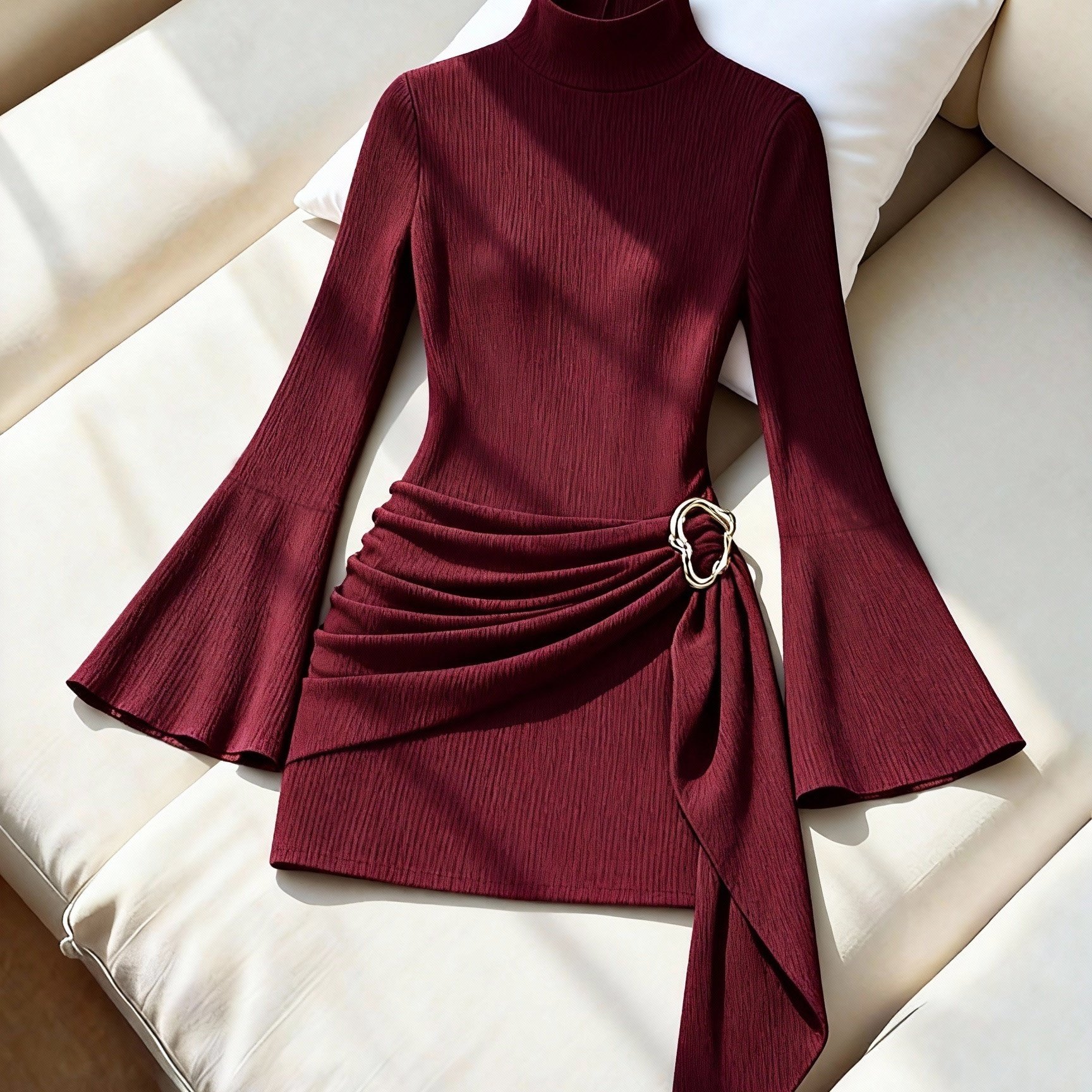 TEMU Mini-robe pour femme, col , manches évasées longues, taille asymétrique drapée, ceinture, robe de