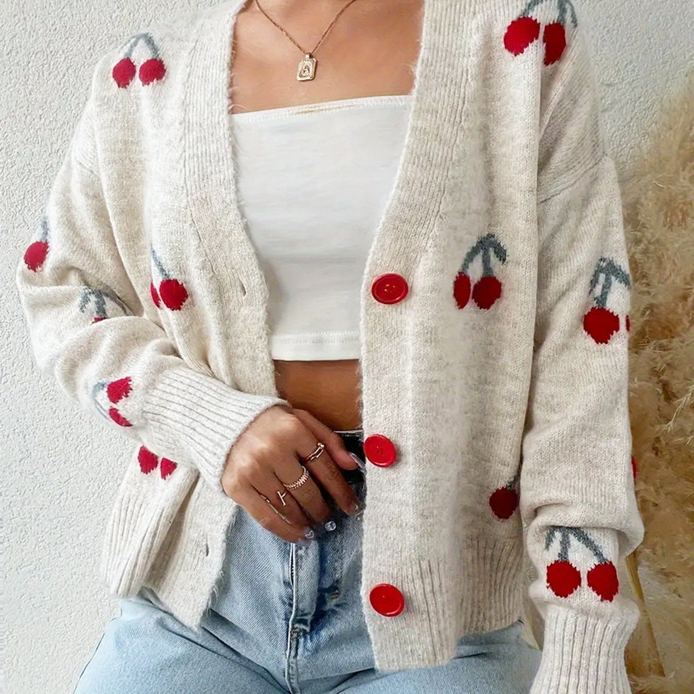 TEMU Women's V-neck Cardigan Sweater, Elegant Loose-fit Simple Versatile Fashionable Jacquard Sweater, Women's Cardigan Sweater