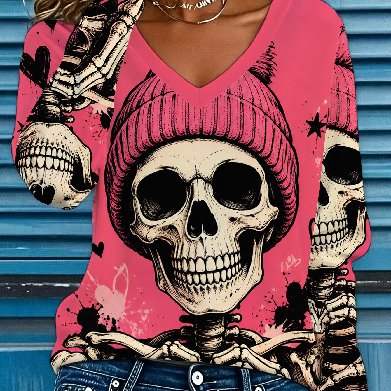 TEMU Pink Skull Beanie Heart Women's Printed V-neck Long Sleeve T-shirt For Dating, Shopping, Vacation, Casual Wear