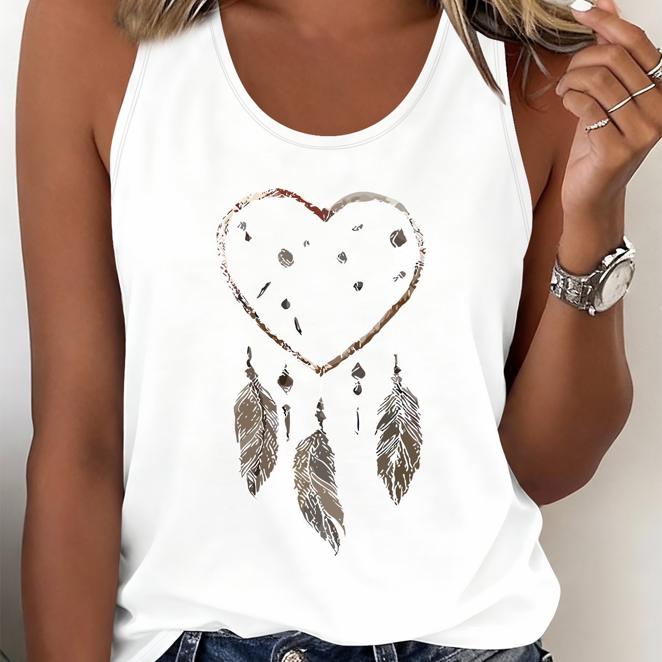 TEMU Women's Breathable Heart Dreamcatcher Print Sleeveless Tank Top - Non- Round Neck Blouse Style Suitable For Spring Summer Beachwear, Casual