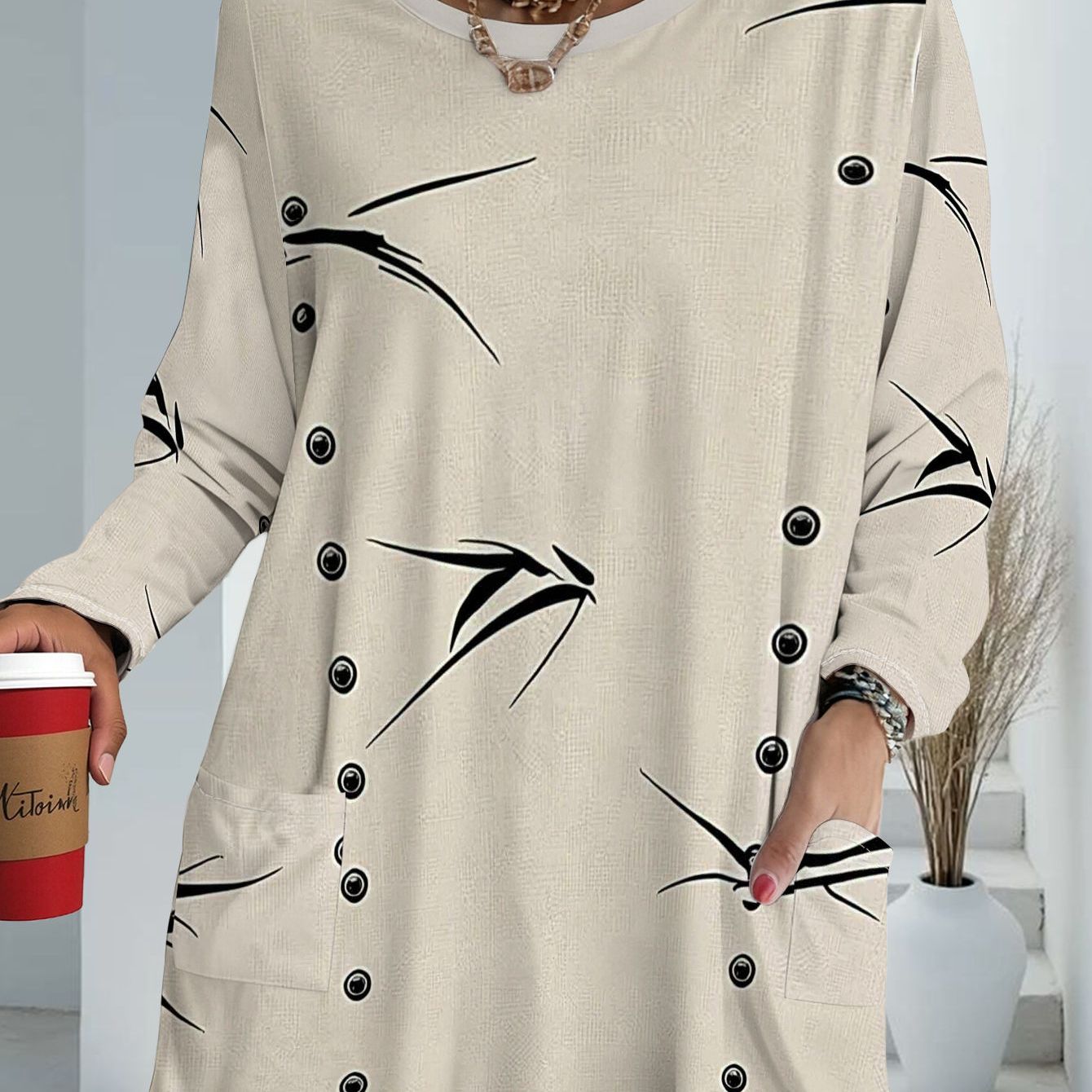 TEMU T-shirt Femme Grande Taille à Manches Longues, Coupe avec Poches, Design Simple et Tendance, Imprimé Flèche Unique, Polyvalent, Confortable et