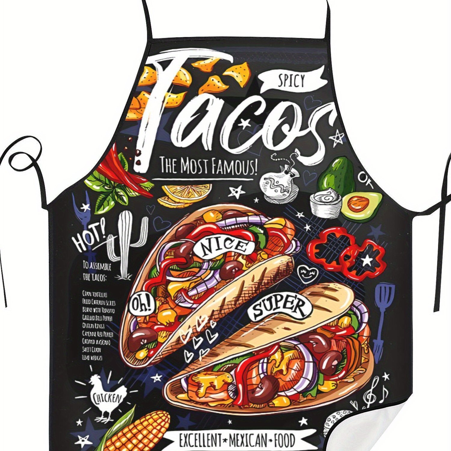 TEMU Vintage Mexican Apron - Colorful Tacos, Avocados & Chili Peppers Design With "tacos" Text - Durable Kitchen Apron For Cooking, Restaurants & ,