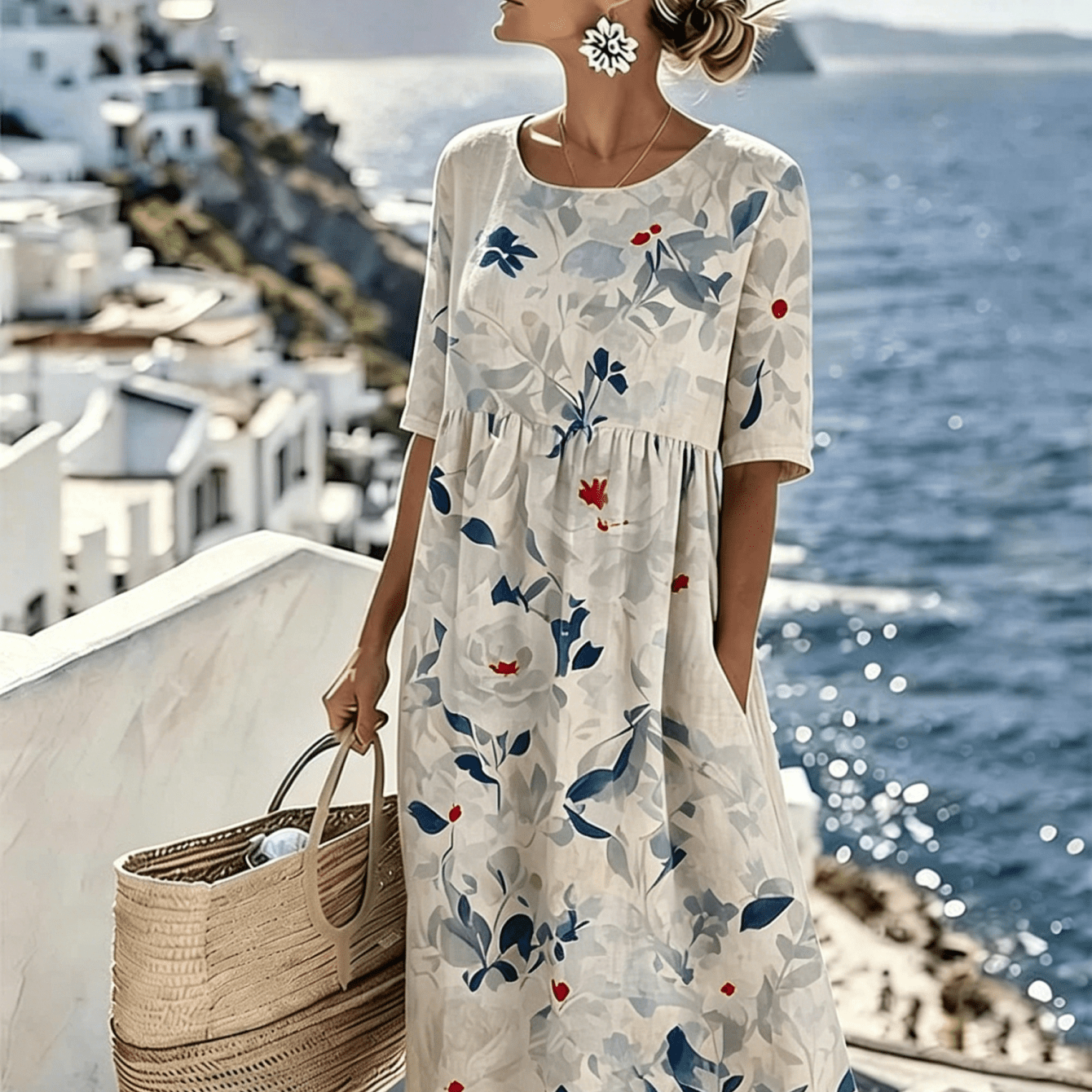 Image of Women's Summer New Half-sleeve Dress, Blue And Red Floral Print, Round Neck Waist A-line Skirt, Loose Casual Vacation Long Dress