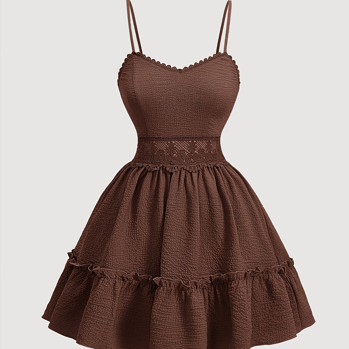 TEMU Elegant V-neck Lace-trimmed Strap Dress | Solid Color, Contrast Lace Details, Suitable For Spring/summer/fall, For Adults