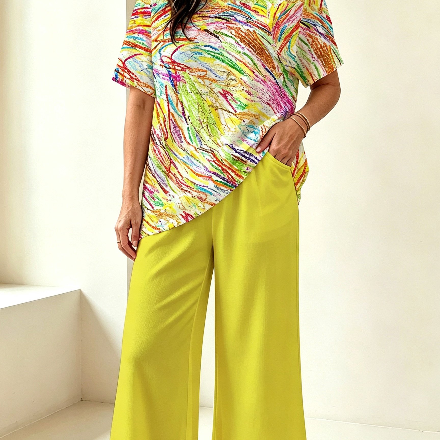 Image of Plus Size Women's Round Neck T-shirt Set, Elegant Fashion Abstract Painting Print Two-piece Set, Suitable For Home, Travel, Parties, Vacation