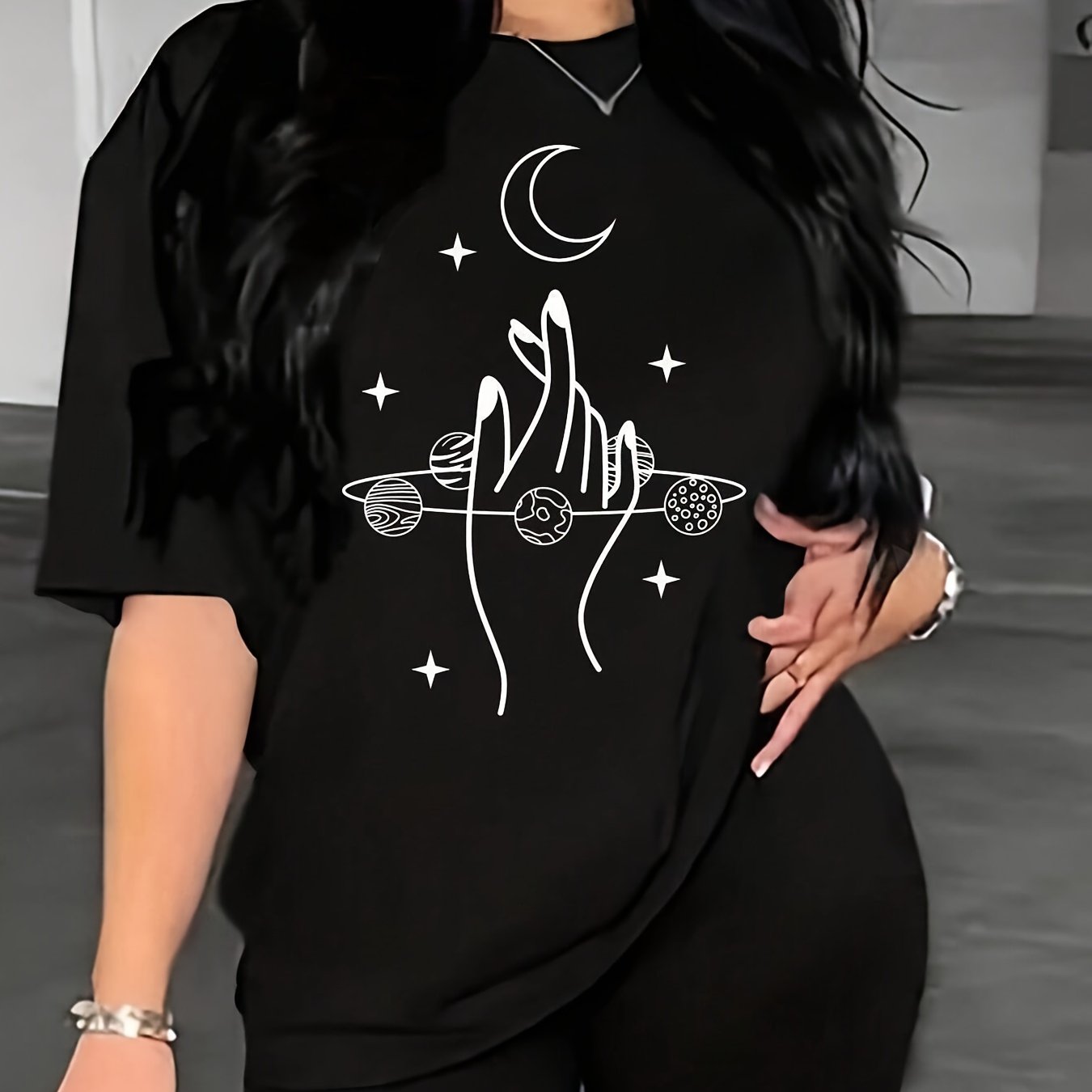 TEMU Moon & Hand Neck T-shirt, Casual Short Sleeve T-shirt For , Women's Clothing