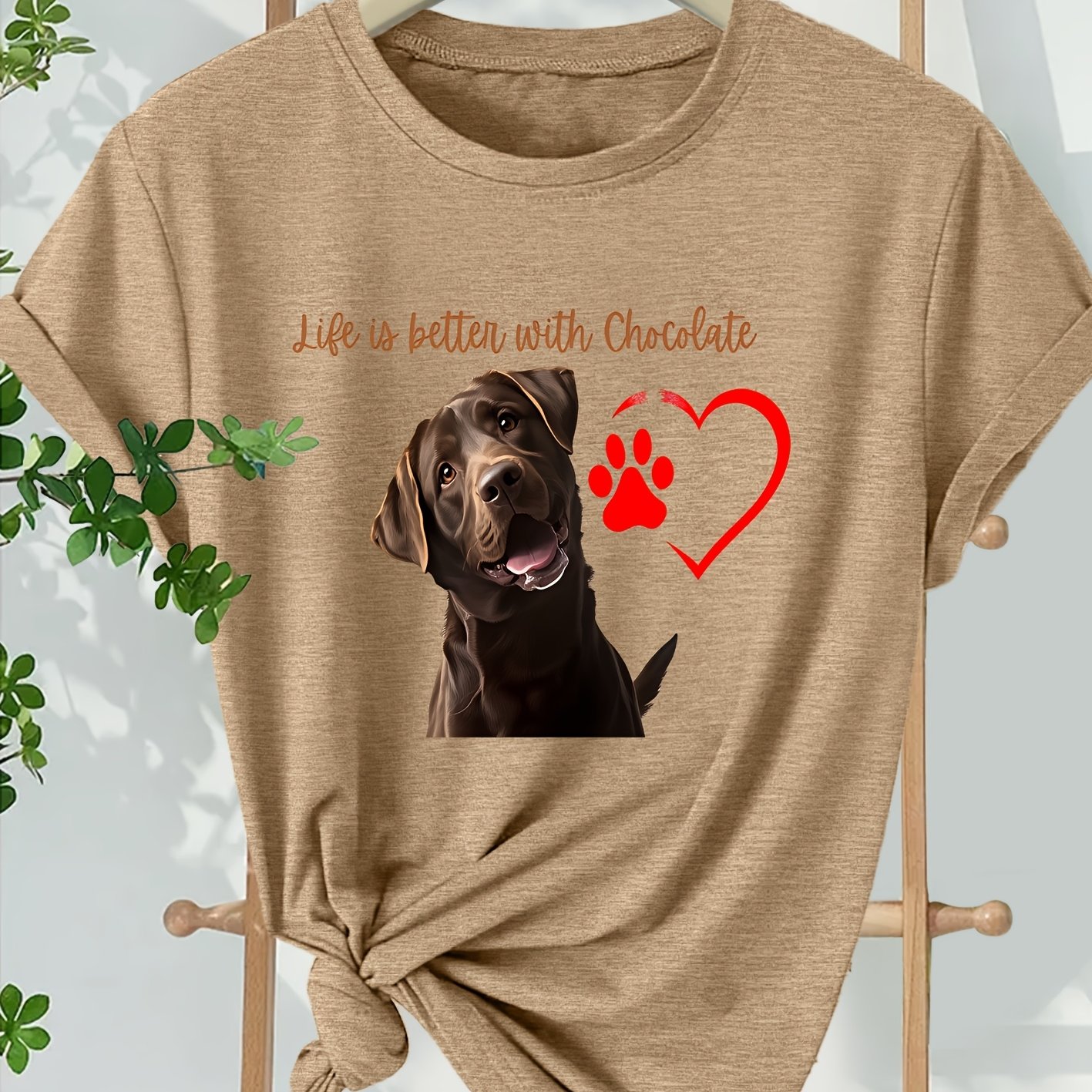 TEMU Chocolate Labrador Text Print, Soft Stretchy Round-neck Casual Top, Suitable For Daily And Vacation Wear , Summer, And Autumn, Sizes S-xxl,