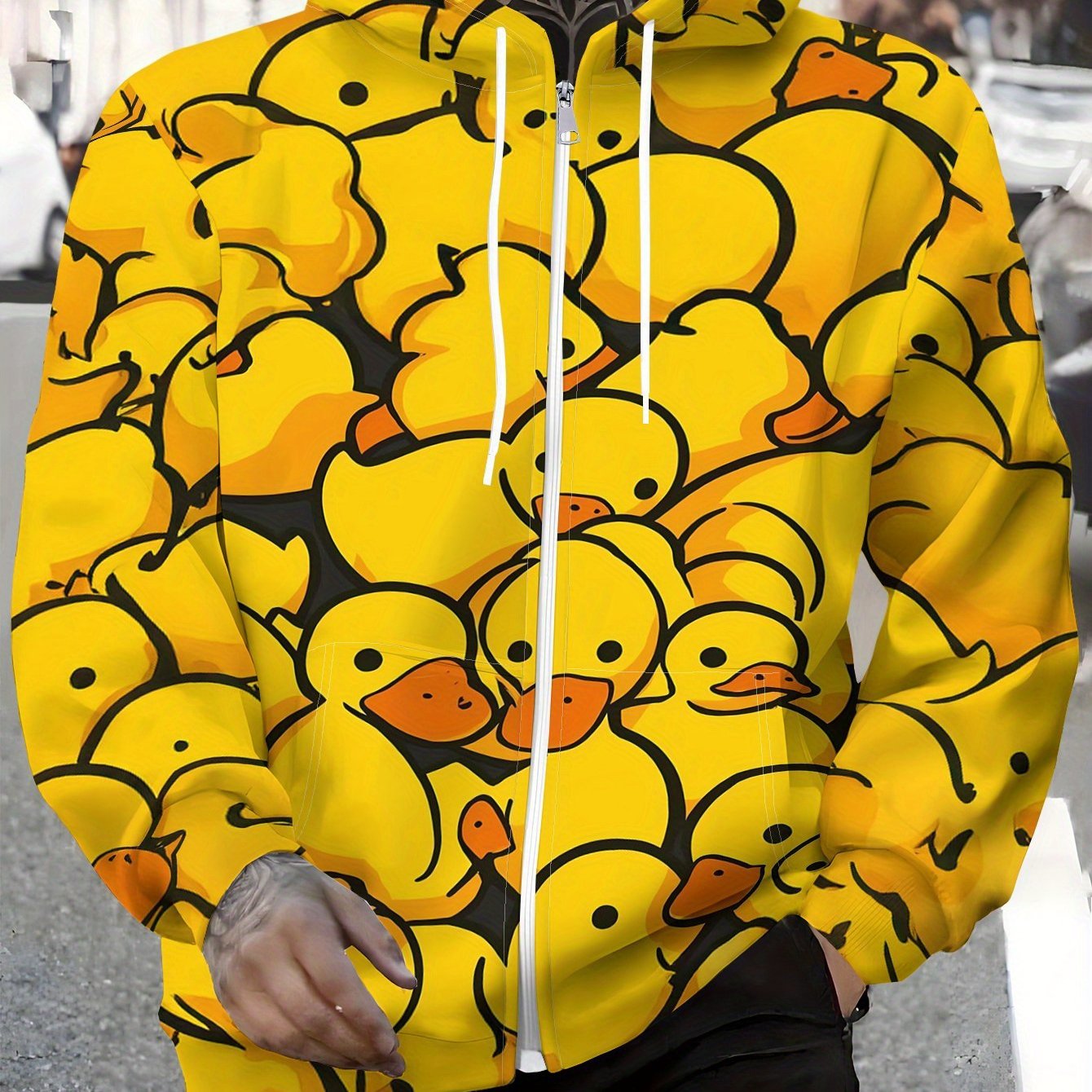 TEMU Men's Zip-up Hooded Sweatshirt - Autumn/winter Wear, Flat Pattern - Plain, Cute Yellow , Machine Washable, Ideal For Travel And Daily Wear -