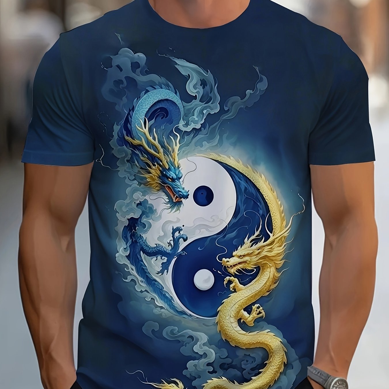 TEMU Men's Black Yin Yang Dragon Pattern T-shirt - Regular Fit Short Sleeve, White And Gray , Breathable Summer Casual And Fitness Shirt, Machine