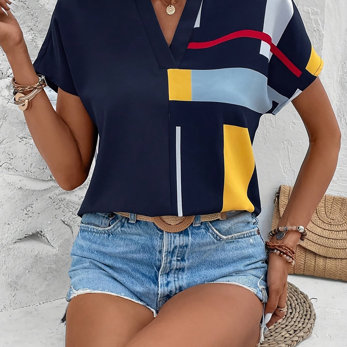 E-shop Plus Size, Farbblock Patchwork V-Ausschnitt Fledermausärmel Casual Shirt, Kurzarm Top