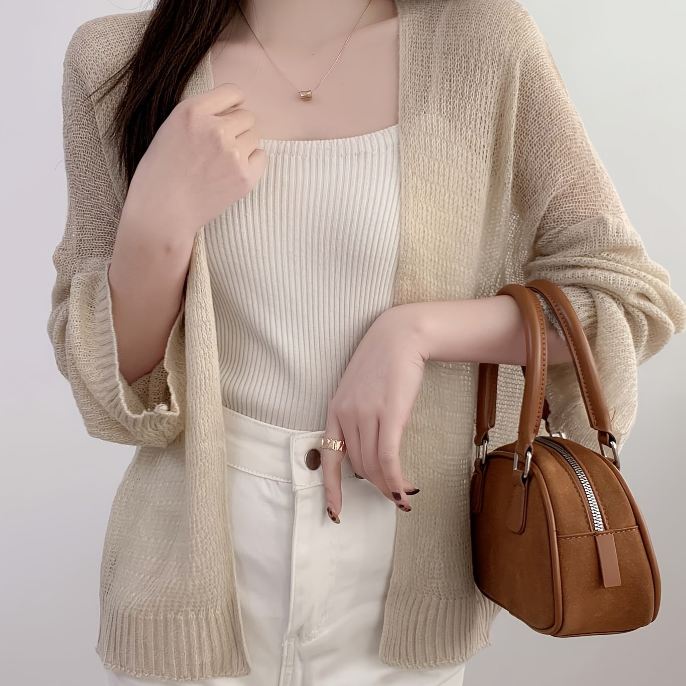 TEMU Spring/summer Women's Elegant And Gentle Casual Solid Color Open Front Collar Drop Shoulder Long Sleeve Semi--up, Korean Style Party Travel