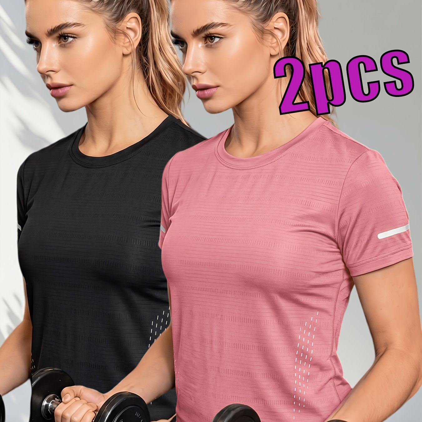 TEMU 2pcs Women's Quick-dry High-elastic T-shirt - Breathable Semi-sheer Short Sleeve Crew Neck Top With -fit & Geometric Print, Suitable For,, Wear,
