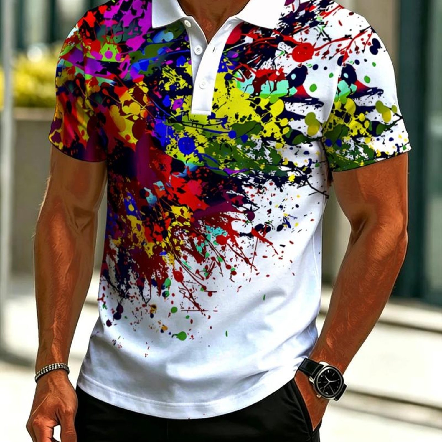 TEMU Men's Novelty Shirt, Colorful Paint Print,, Multiple Sizes Available, Vibrant Abstract Art Design, Casual Daily Wear, Trendy Fashion Top