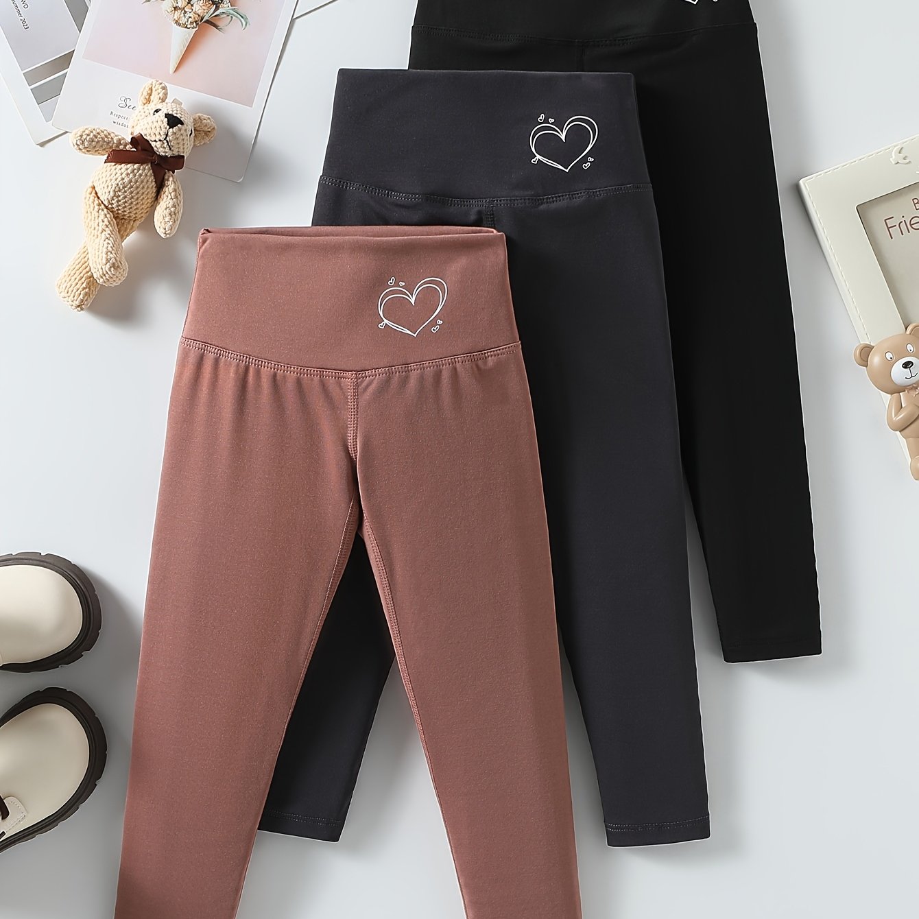 E-shop 3er-Set Mädchen High-Waist Stretch-Leggings Frühling Mittel-Groß Kinder Uni-Farben Slim-Fit Hosen Herz-Print Enganliegende Hosen Yoga-Hosen
