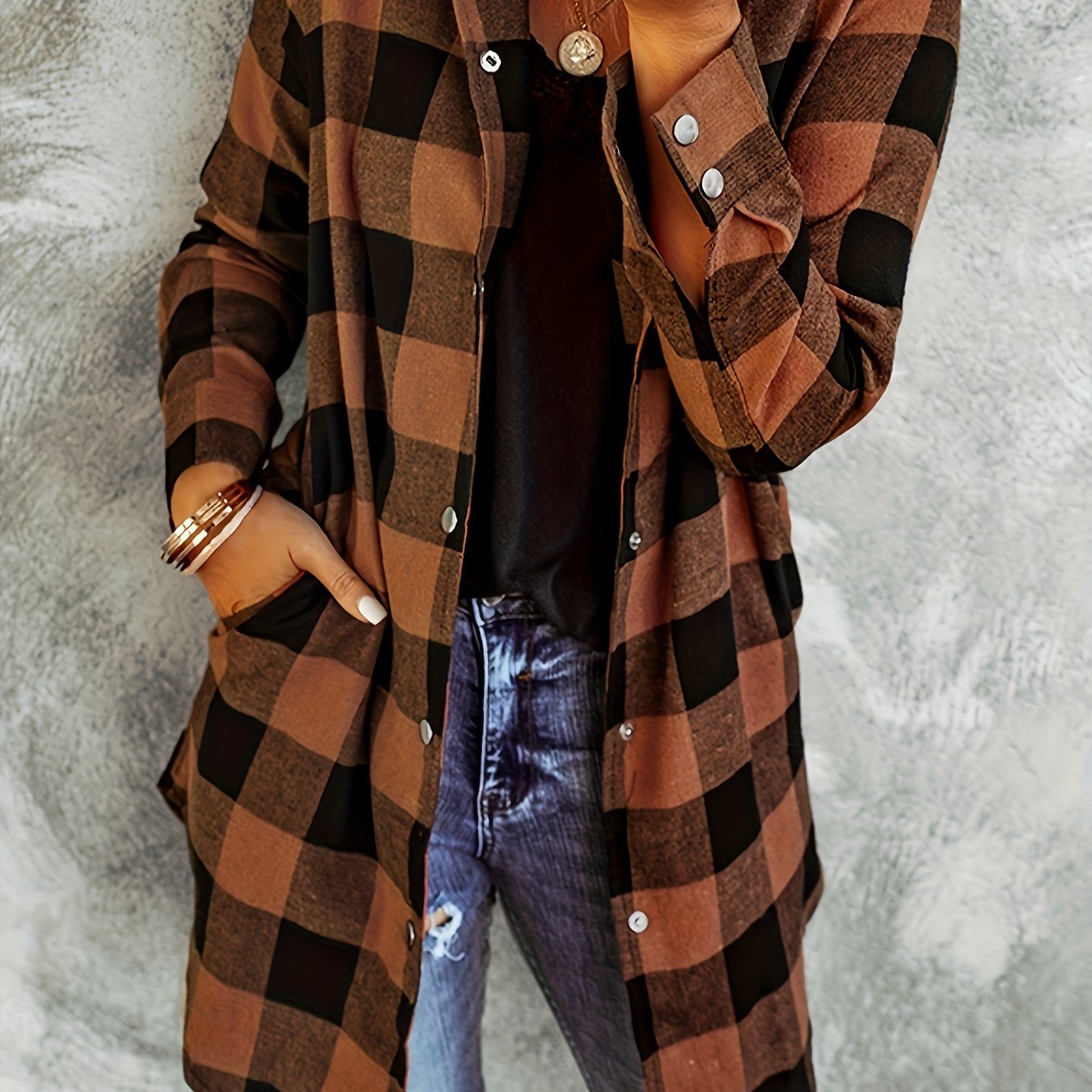 TEMU Women's Elegant Brown Button-front Shirt - Long Sleeve Classic Collar Button-up Blouse, Machine Washable Non-stretch Fabric For Spring & Fall,