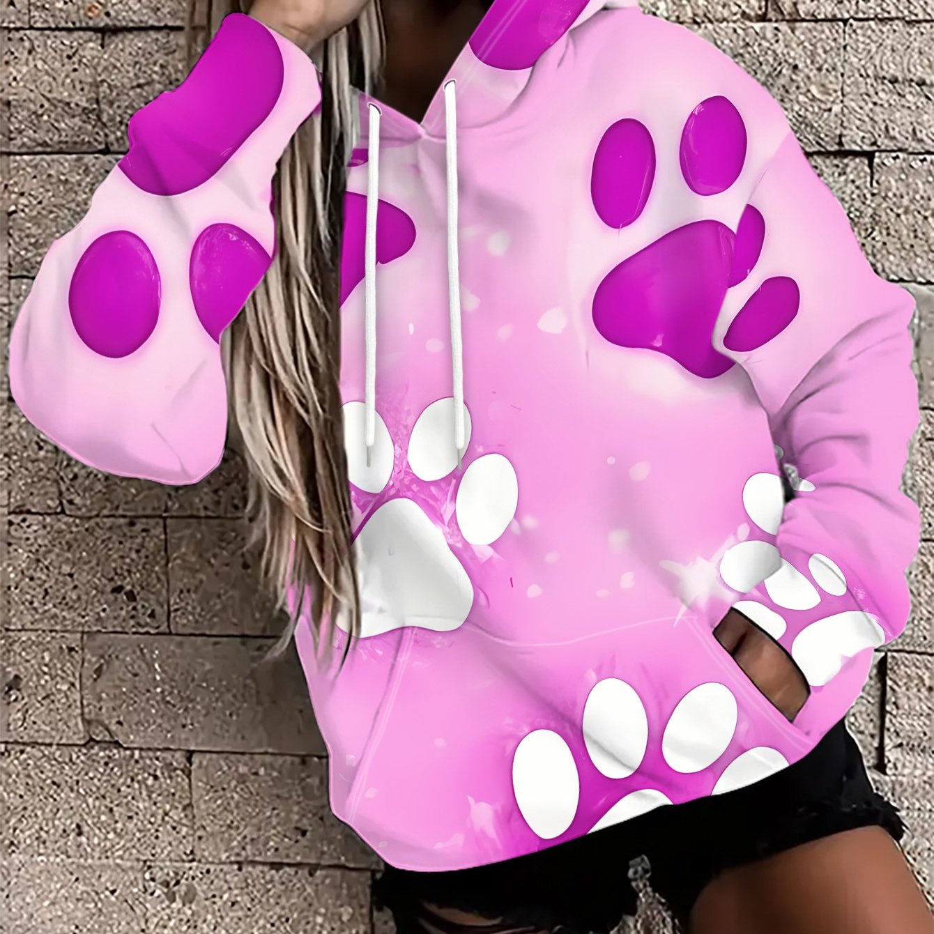 TEMU A Fashionable Women's Loose -style Hoodie With A Pink Background Featuring Purple And White - Made From Stretchy Fabric, , With A Color-