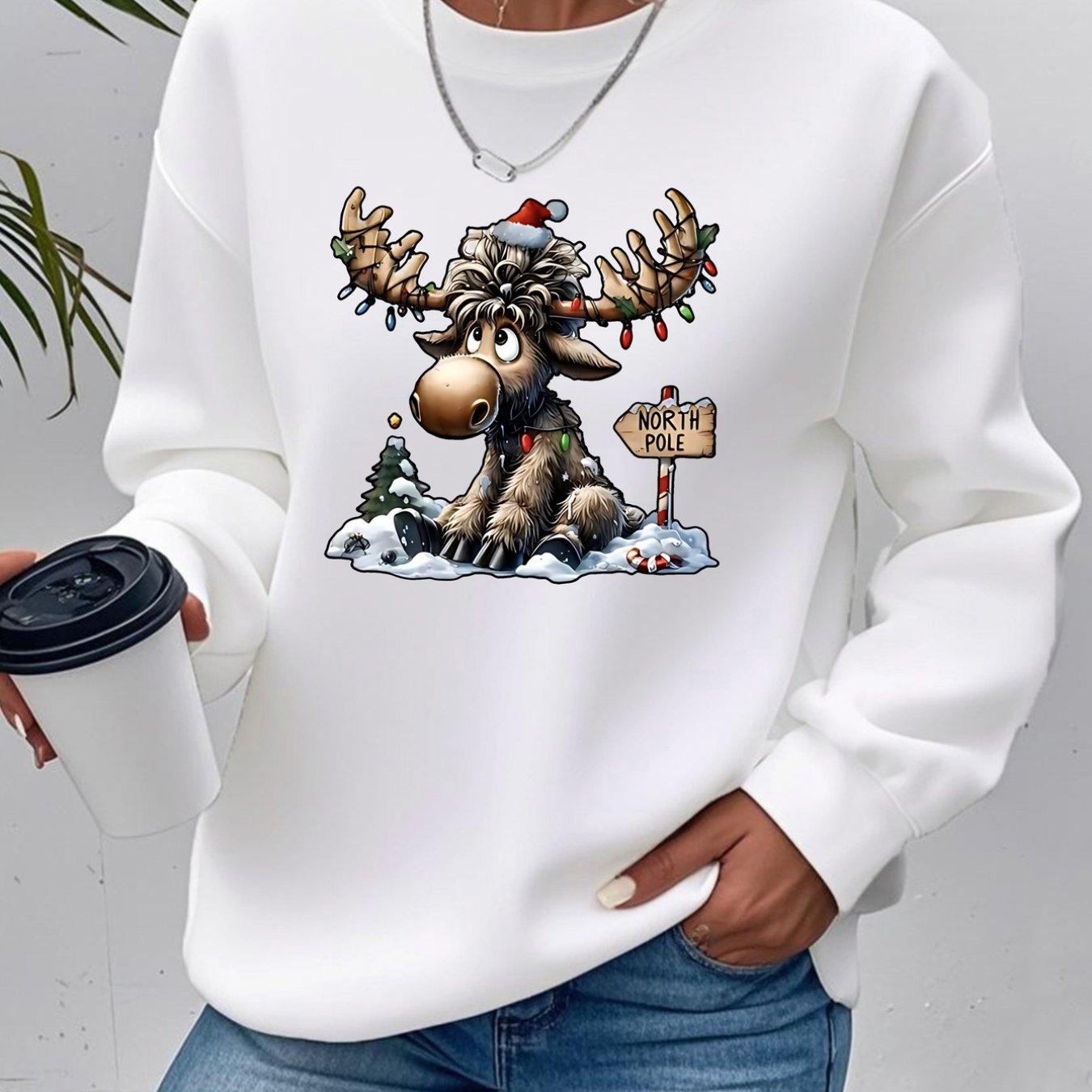 TEMU Christmas Reindeer Crewneck Sweatshirt - Christmas Theme Fashion For Women, Autumn And Winter Season