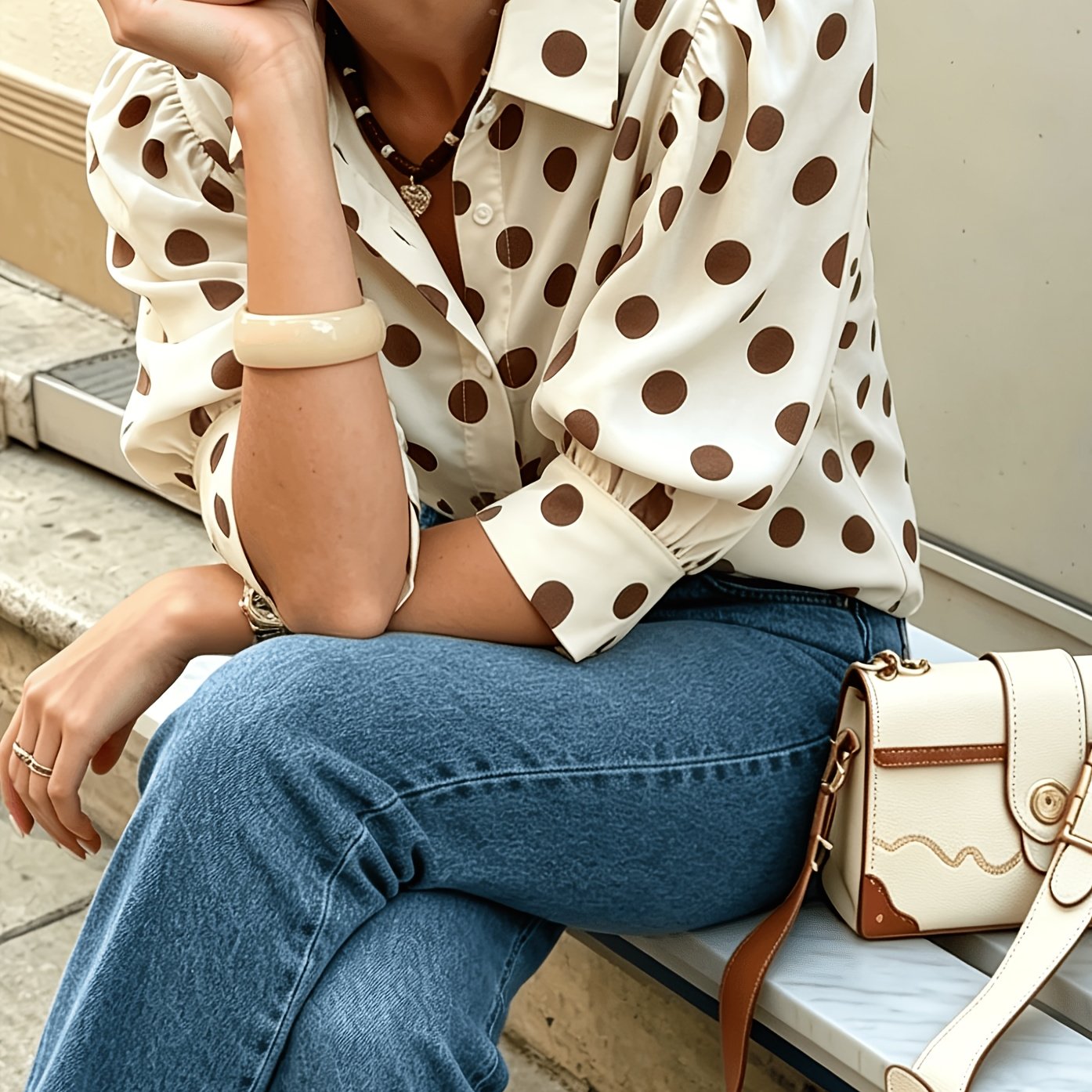 TEMU French Polka Dot Lapel Shirt Women's Spring And Summer Retro Puff Sleeve Single-breasted Slim Commuting Versatile Top, Beautiful Ladies Shirt