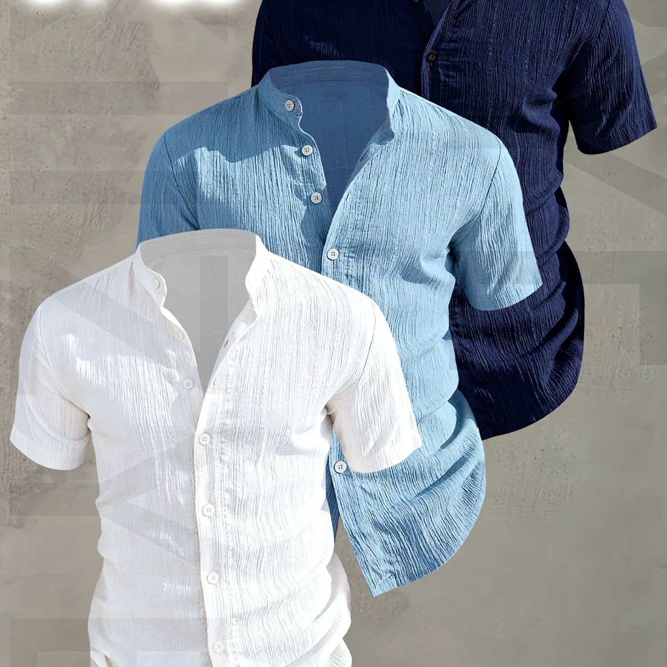 E-shop [ OBM] 3er-Pack Herren Sommer Kurzarmhemd - Leichtes, atmungsaktives, einfarbiges Button-Up Freizeitshirt mit Stehkragen, maschinenwaschbar für