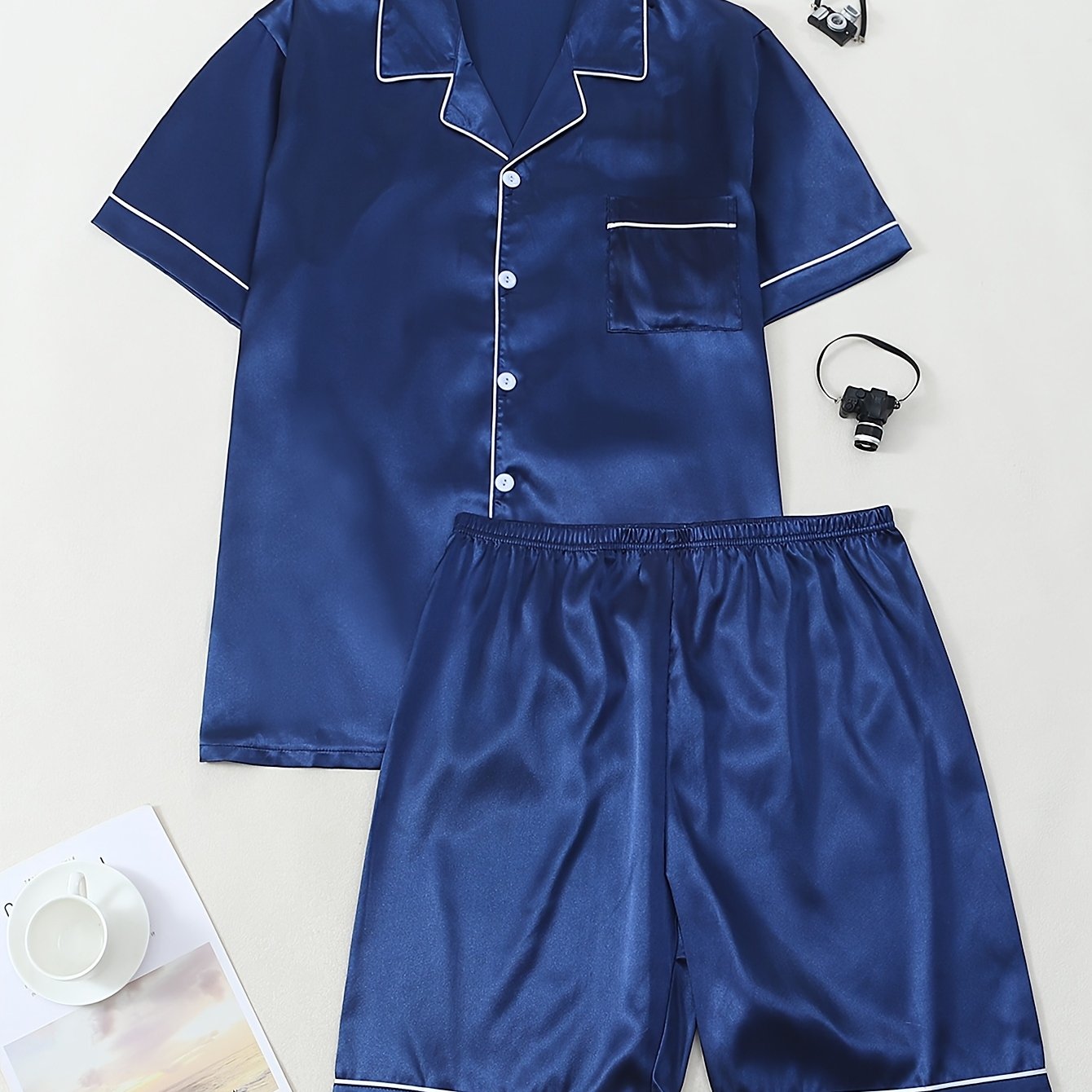 TEMU Men's Simulated Solid Color Short Sleeve Shorts Pajama Set