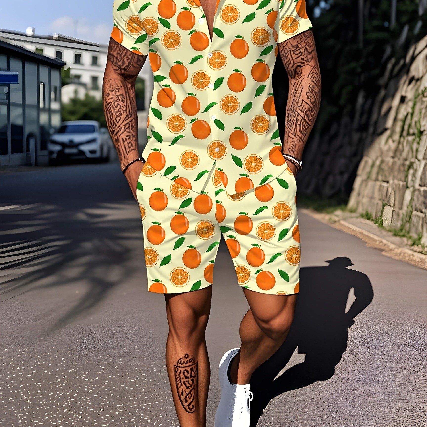 TEMU Men's Orange Fruit Print Stylish Casual Sports Outfit, Beach-style Loungewear