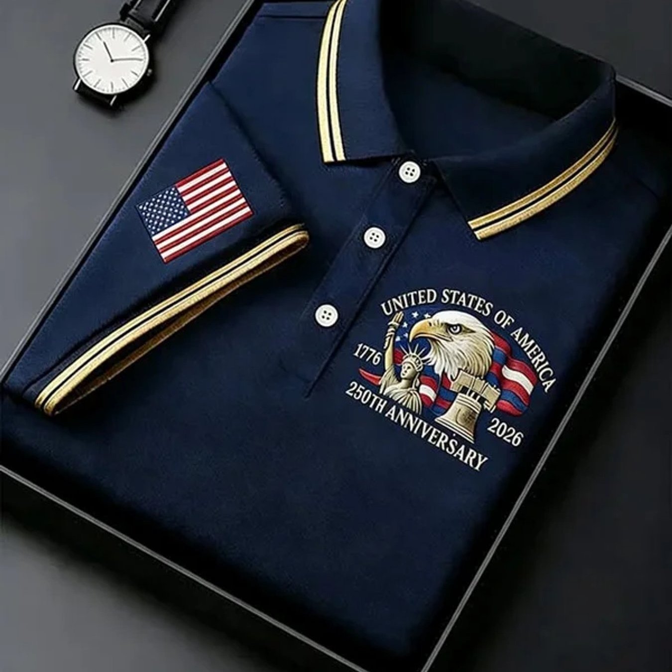 TEMU Men's Shirt Navy Blue Casual Trendy American Flag Eagle Statue Of Bell 1776-2026 250th Anniversary Pattern Men's Fashion For Adults Men Holiday