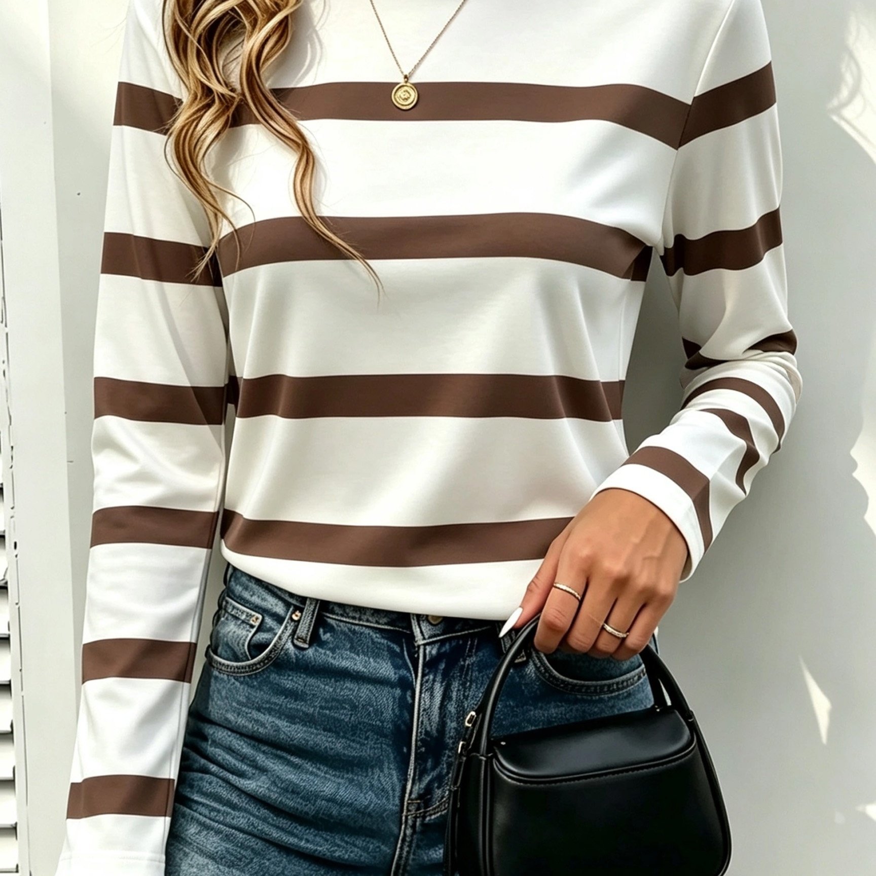 TEMU Women's Long Sleeve T-shirt, And Coffee Contrast Color Wide Stripe Long Sleeve T-shirt, Round Neck, Gentle Commuter Simple Casual Top