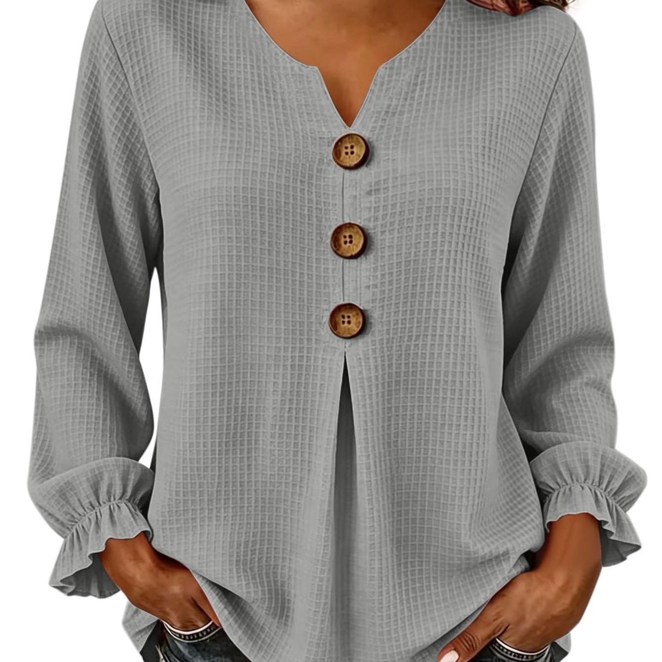 Image of Women Waffle V Neck Long Sleeve Top, Solid Partial Decorative Button Loose Casual Blouse Soft Textured Breathable Fabric Versatile Shirt For Daily City Gathering