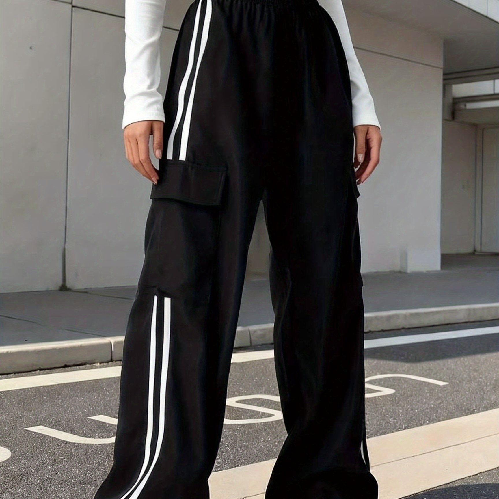 E-shop Mädchen-Casual-Style-Streifen-Cargohosen, High-Waist-Weitbein-Sweatpants, Modisches Doppeltaschen-Design, Ideal für Outdoor-Aktivitäten im