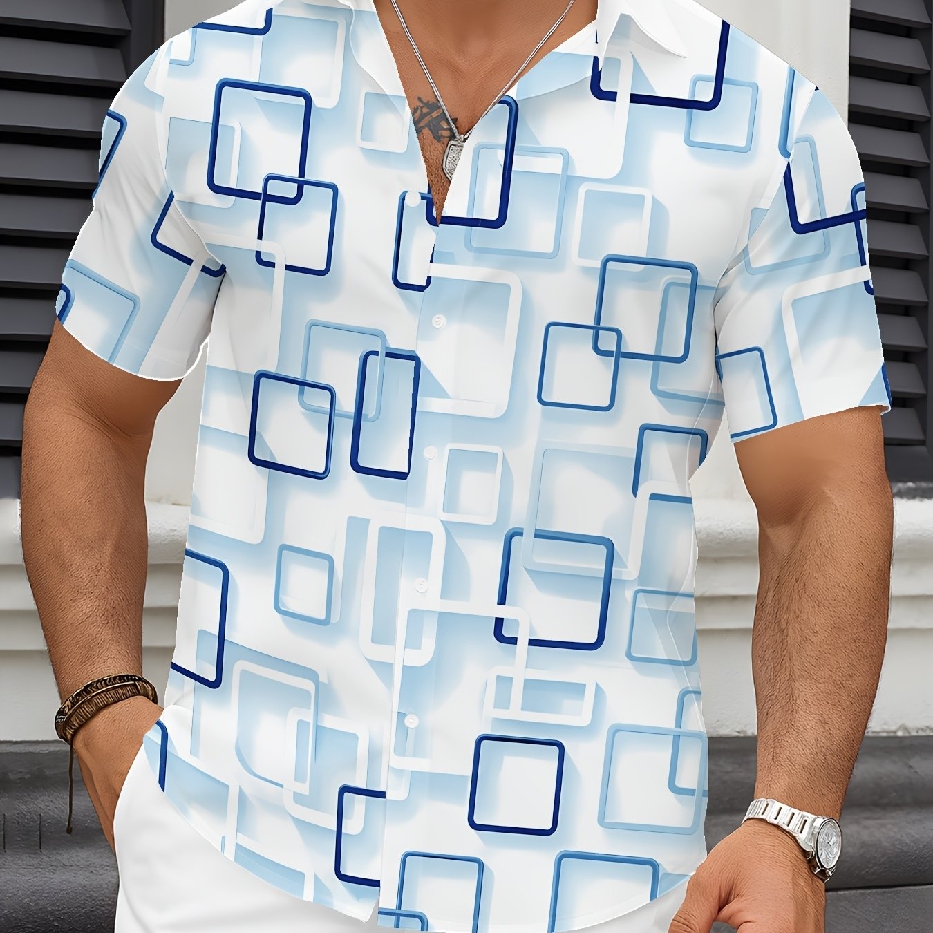 TEMU [printed Design - Not Textured] 2026 Men's Casual Short-sleeve Shirt, Lightweight Summer Shirt, Machine Washable Regular Fit, For Adults And
