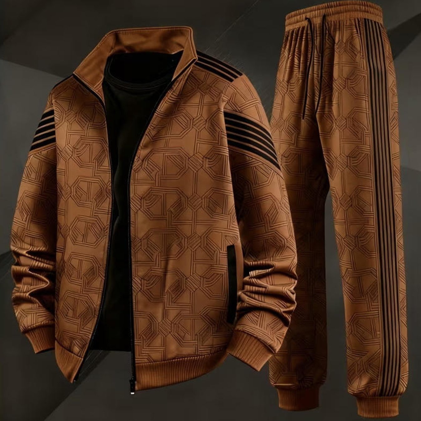 Stand Collar Street Style Geometric Pattern Tracksuit Plus Size Men's Fashion Casual Sportswear For Adult Men Holiday Gift Daily Wear